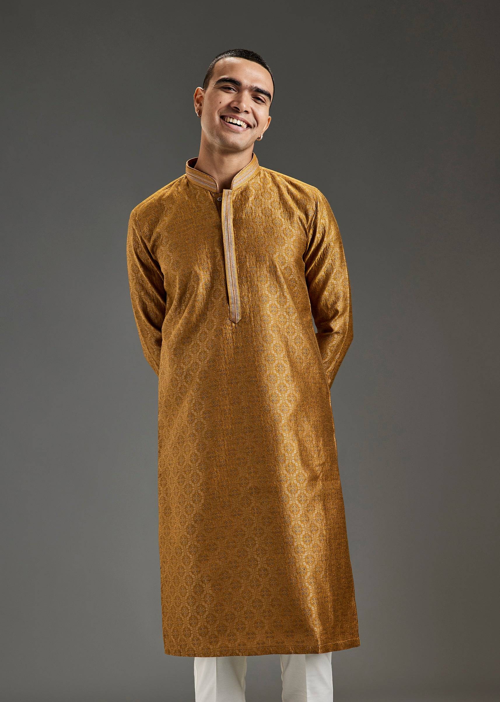 Mustard Yellow Jacquard Kurta Set