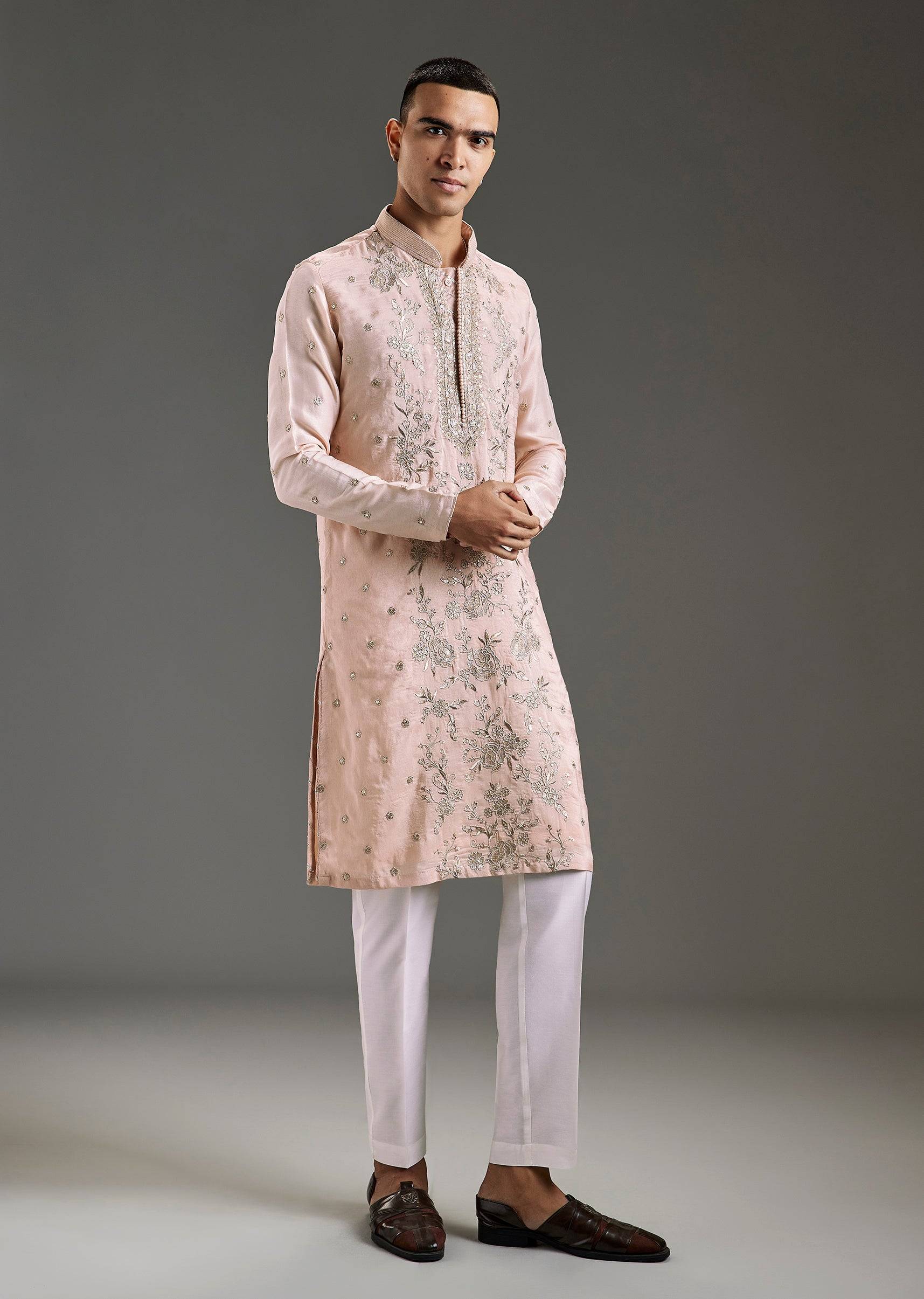Peach All Over Hand Embroidered Rawsilk Kurta Pant Set