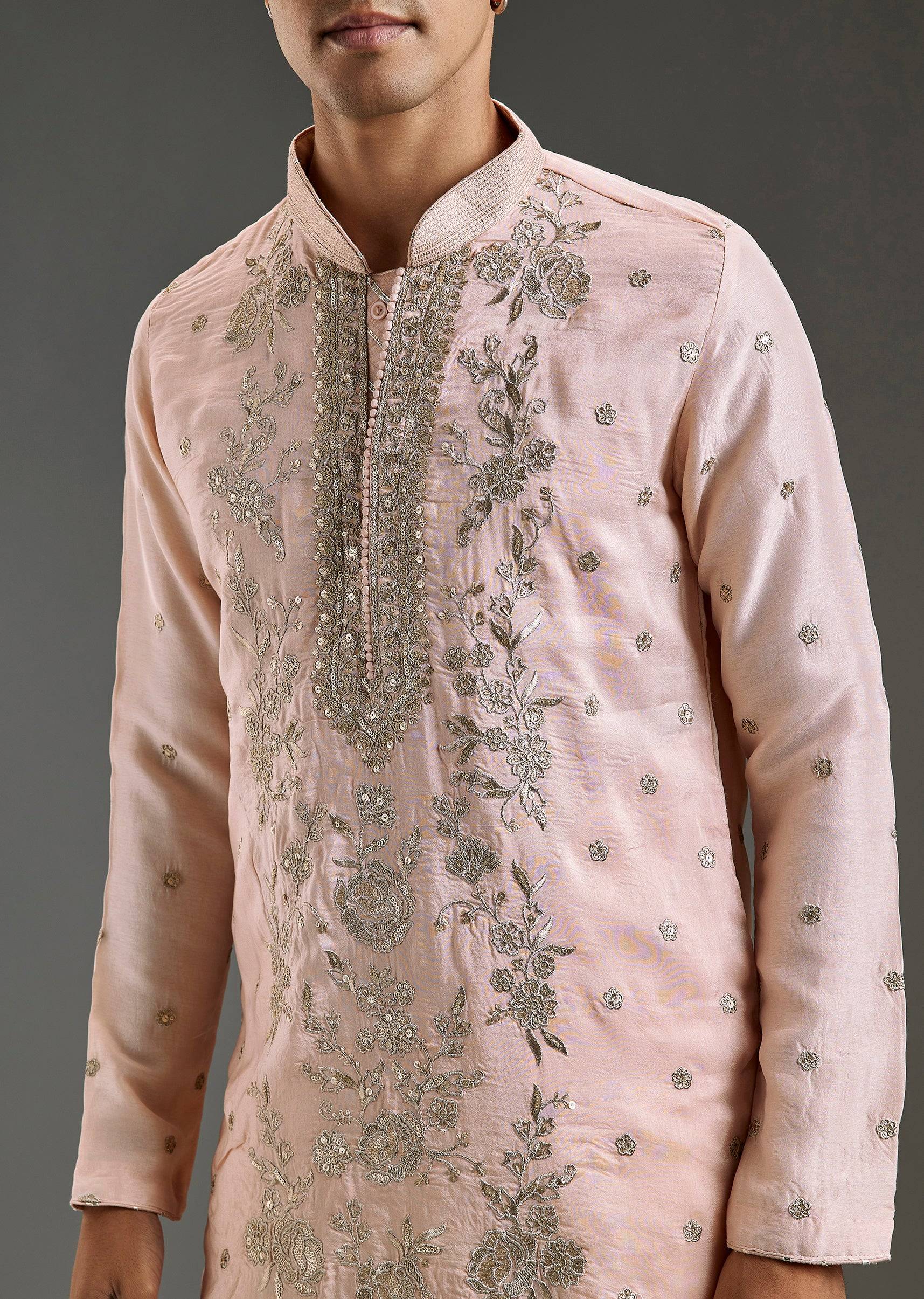 Peach All Over Hand Embroidered Rawsilk Kurta Pant Set