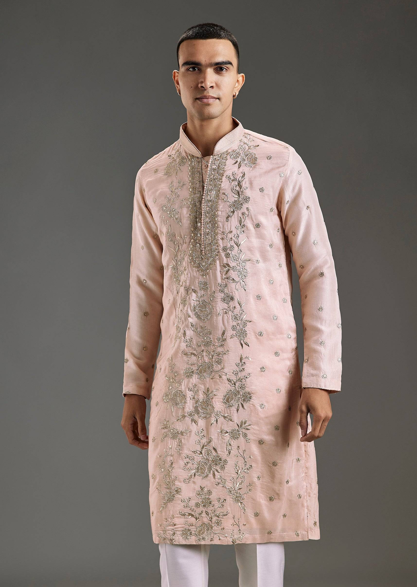 Peach All Over Hand Embroidered Rawsilk Kurta Pant Set