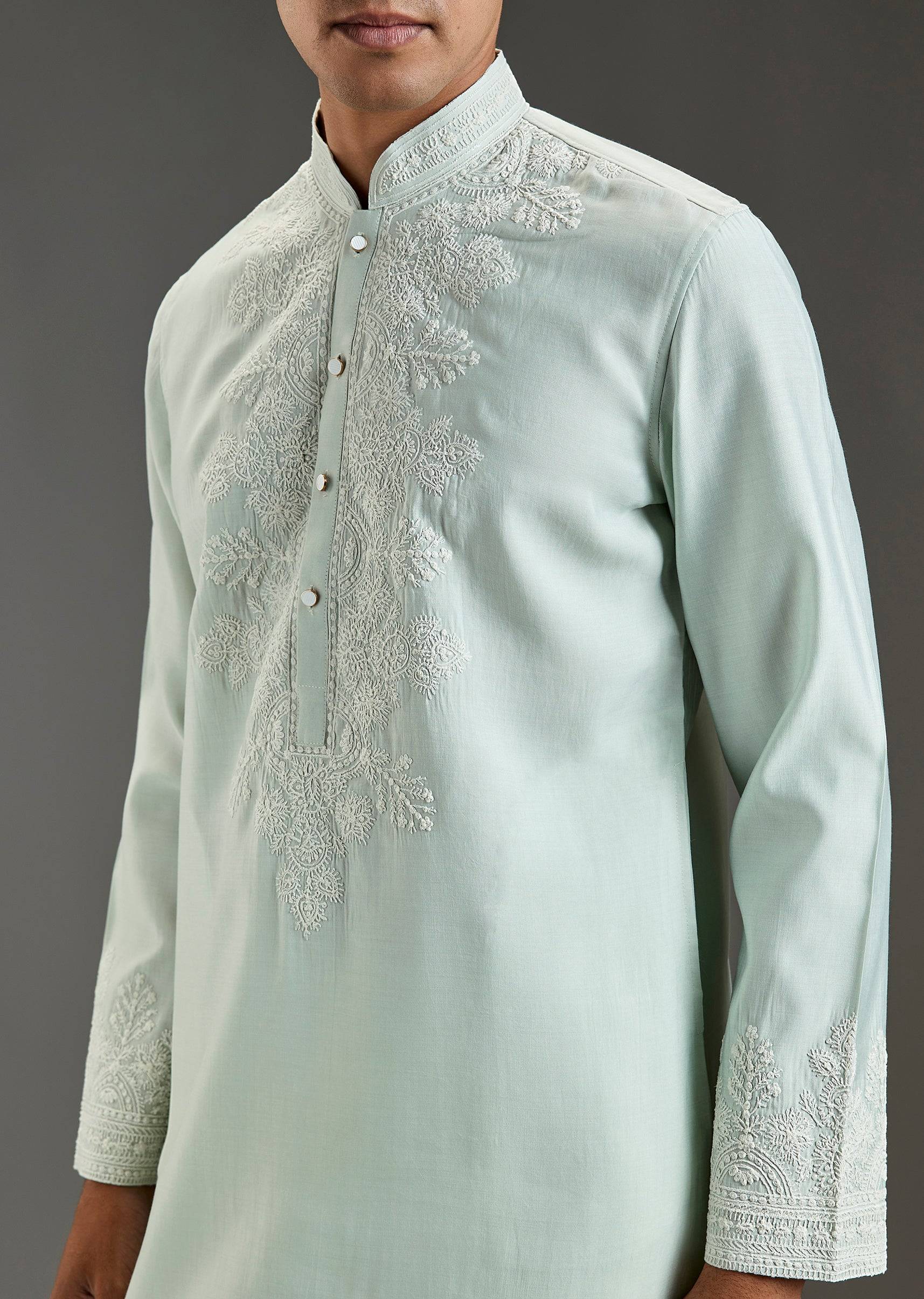 Pista Green Mens Kurta Set With Thread Work