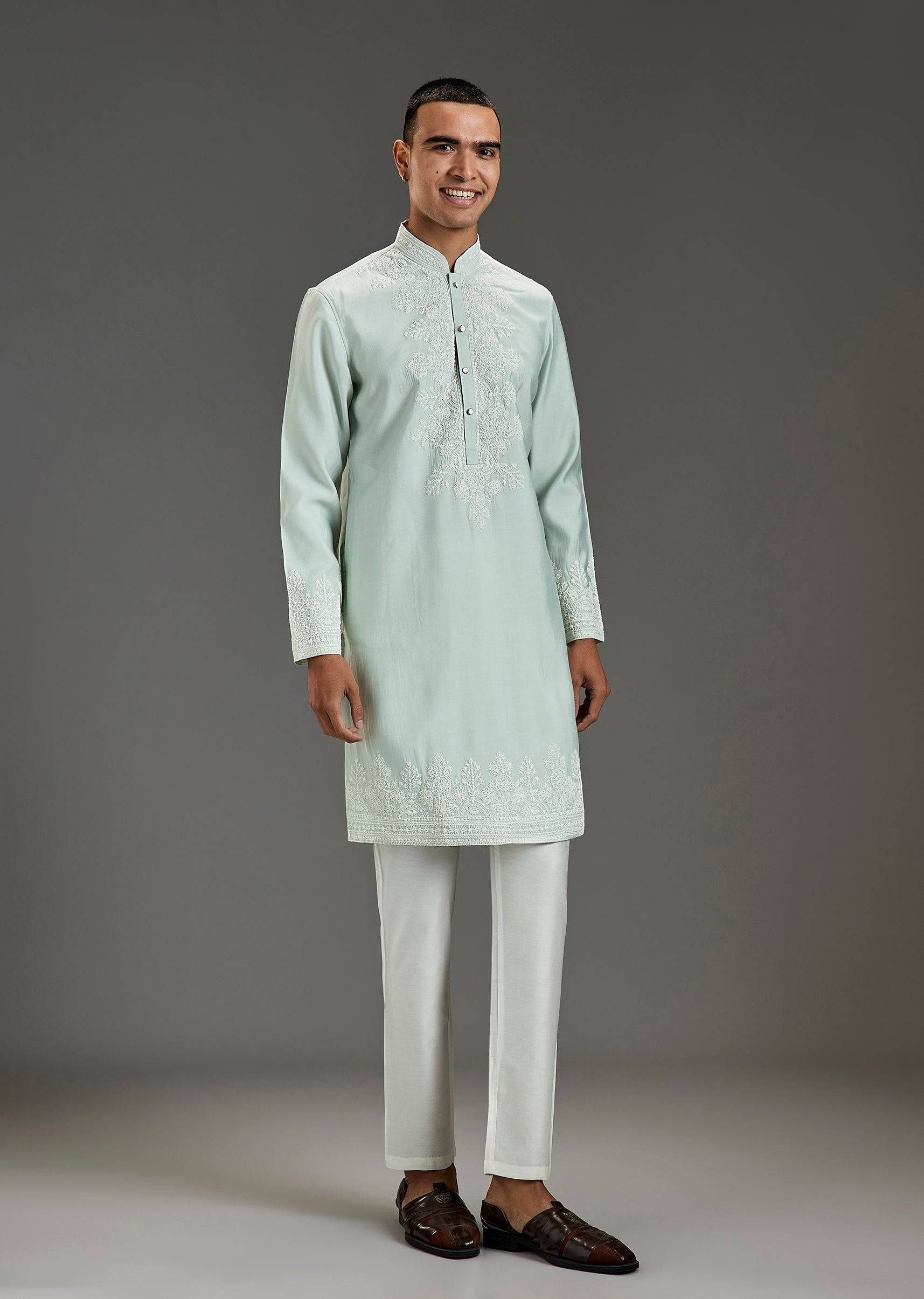 Pista Green Mens Kurta Set With Thread Work
