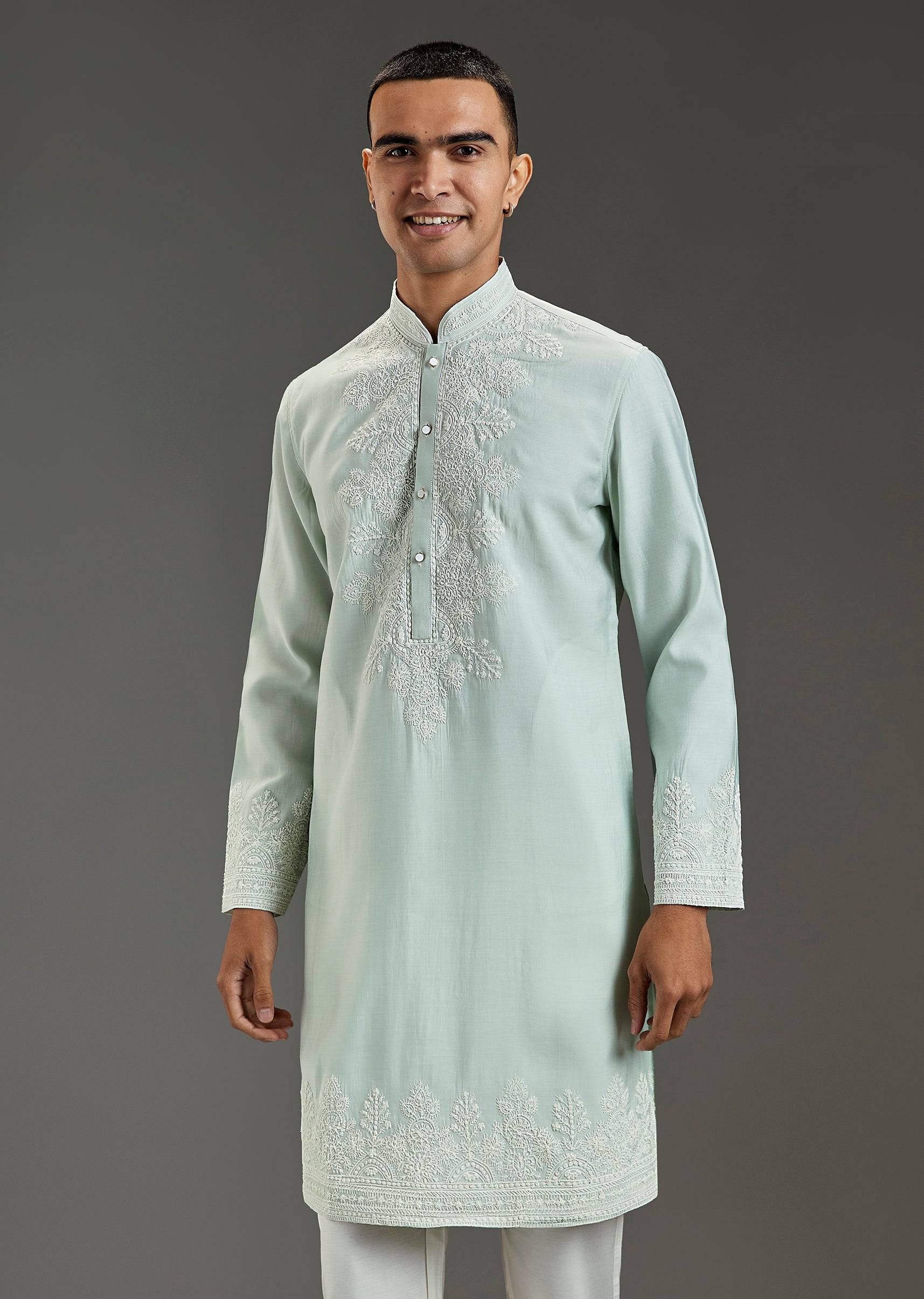 Pista Green Mens Kurta Set With Thread Work