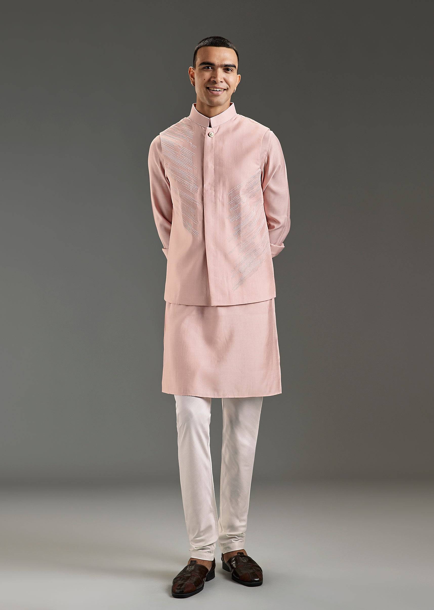 Peach Kurta Jacket Set For Men With Thread Embroidery