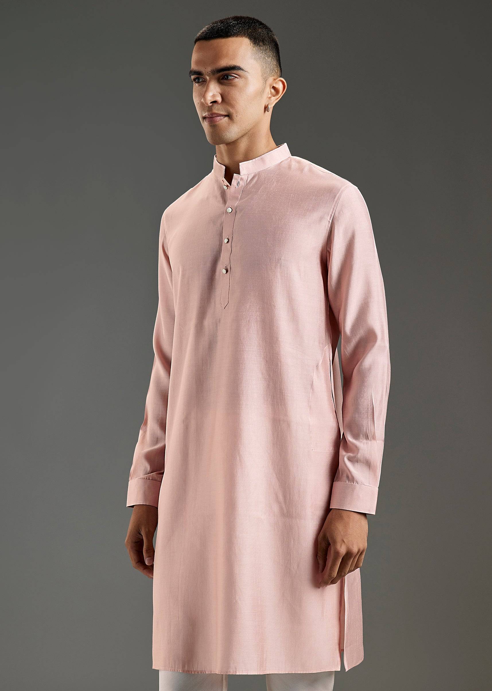 Peach Kurta Jacket Set For Men With Thread Embroidery