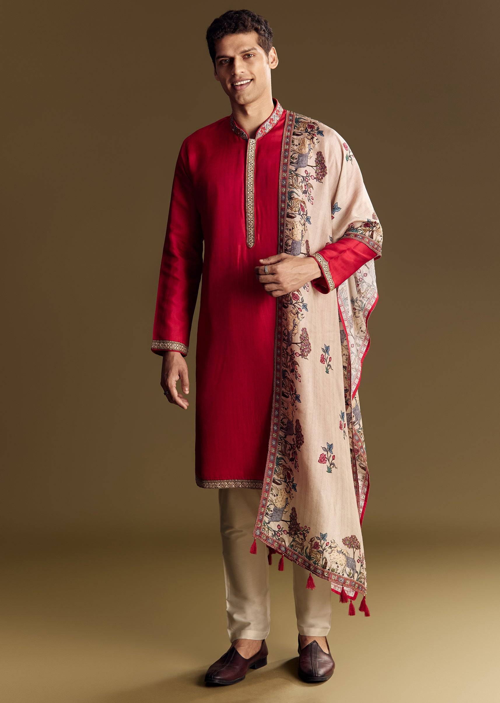 Red Kurta Set For Men