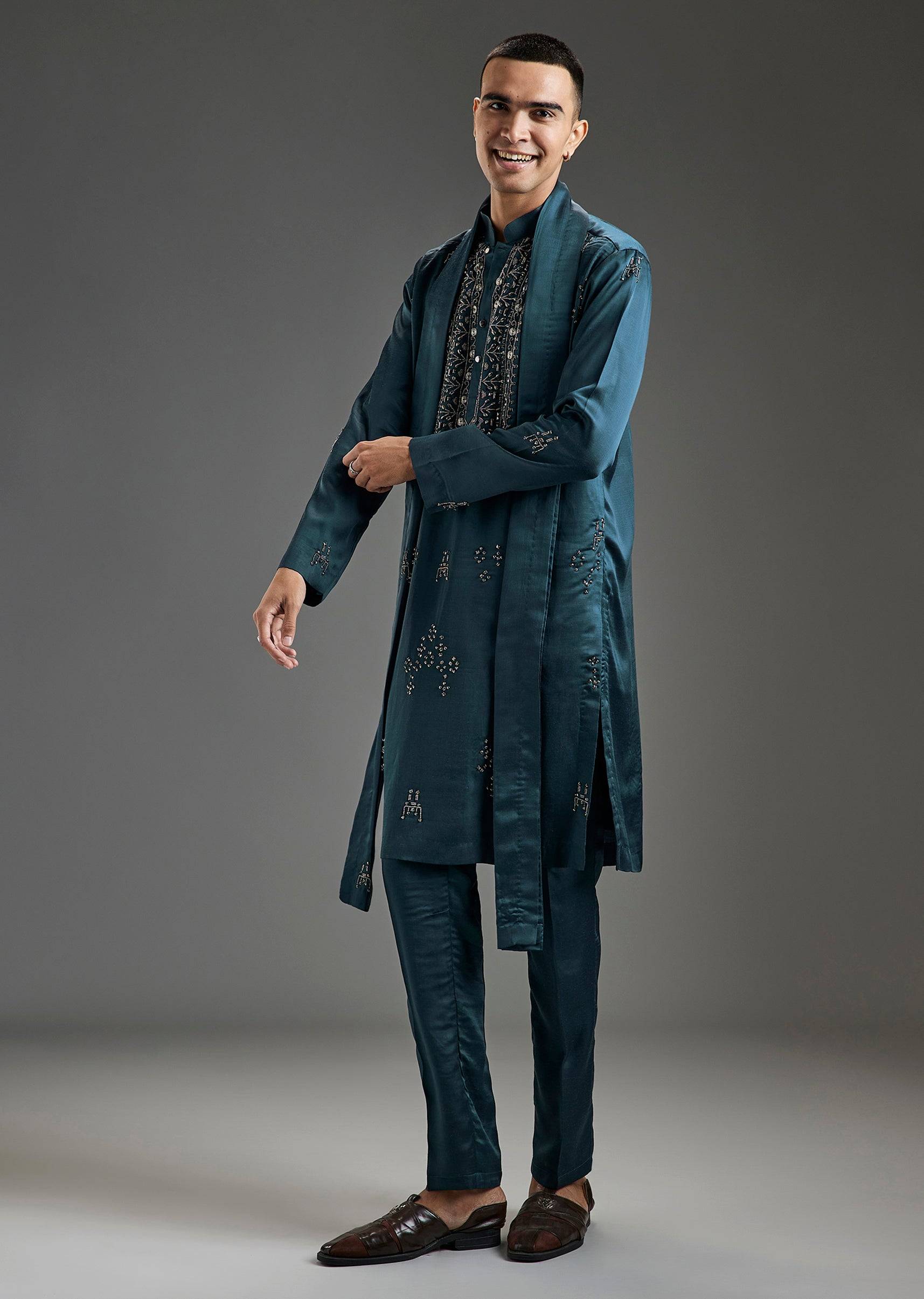 Blue Hand Embroidered Metal Kurta Pant Set
