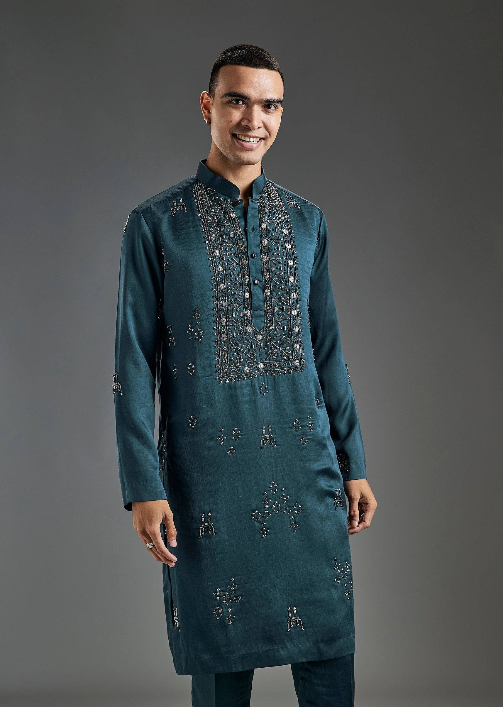 Blue Hand Embroidered Metal Kurta Pant Set