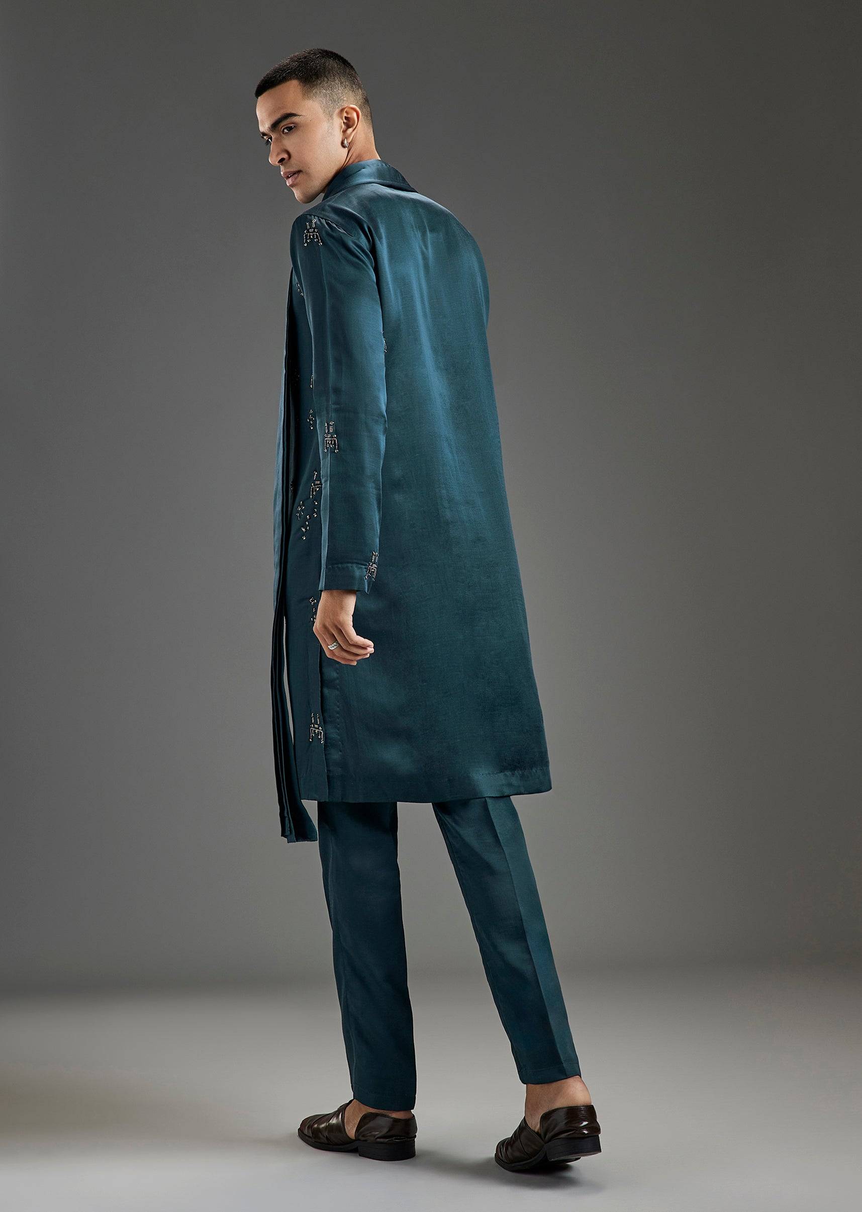 Blue Hand Embroidered Metal Kurta Pant Set