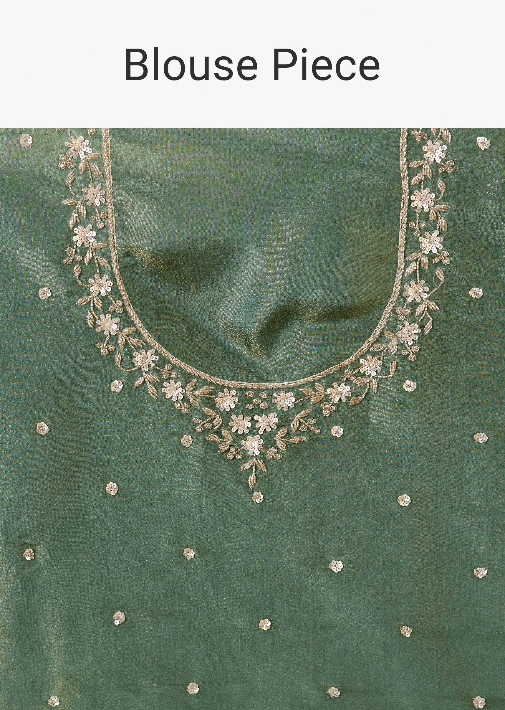 Green Tissue Saree With Bead And Cutdana Embroidery