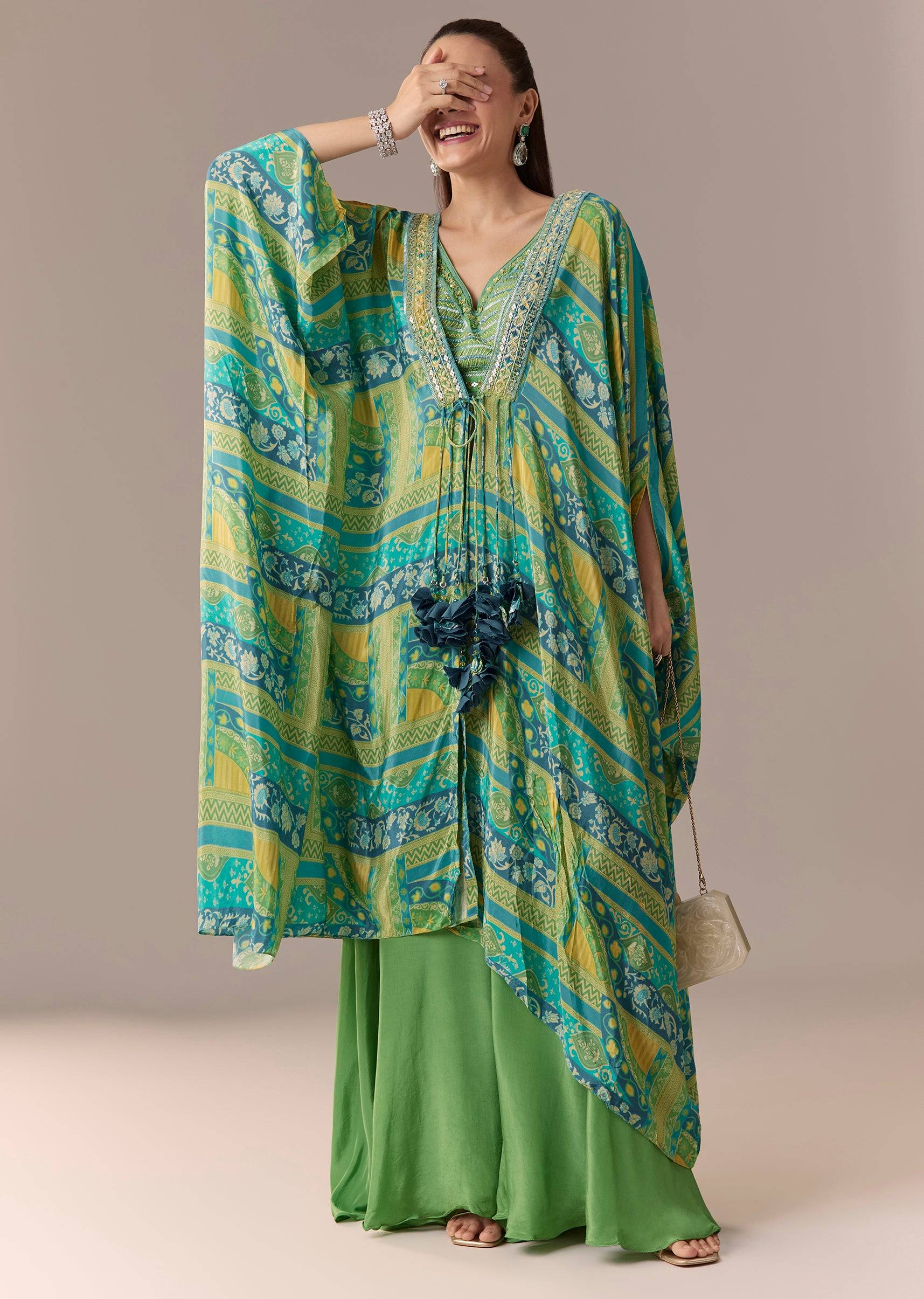 Green Crop Top Palazzo Set with Printed Cape