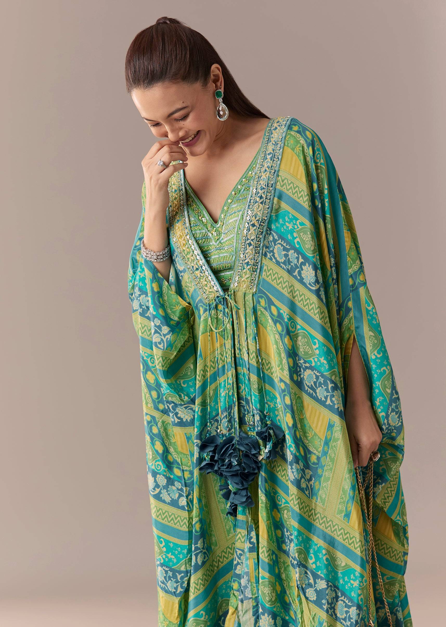 Green Crop Top Palazzo Set with Printed Cape