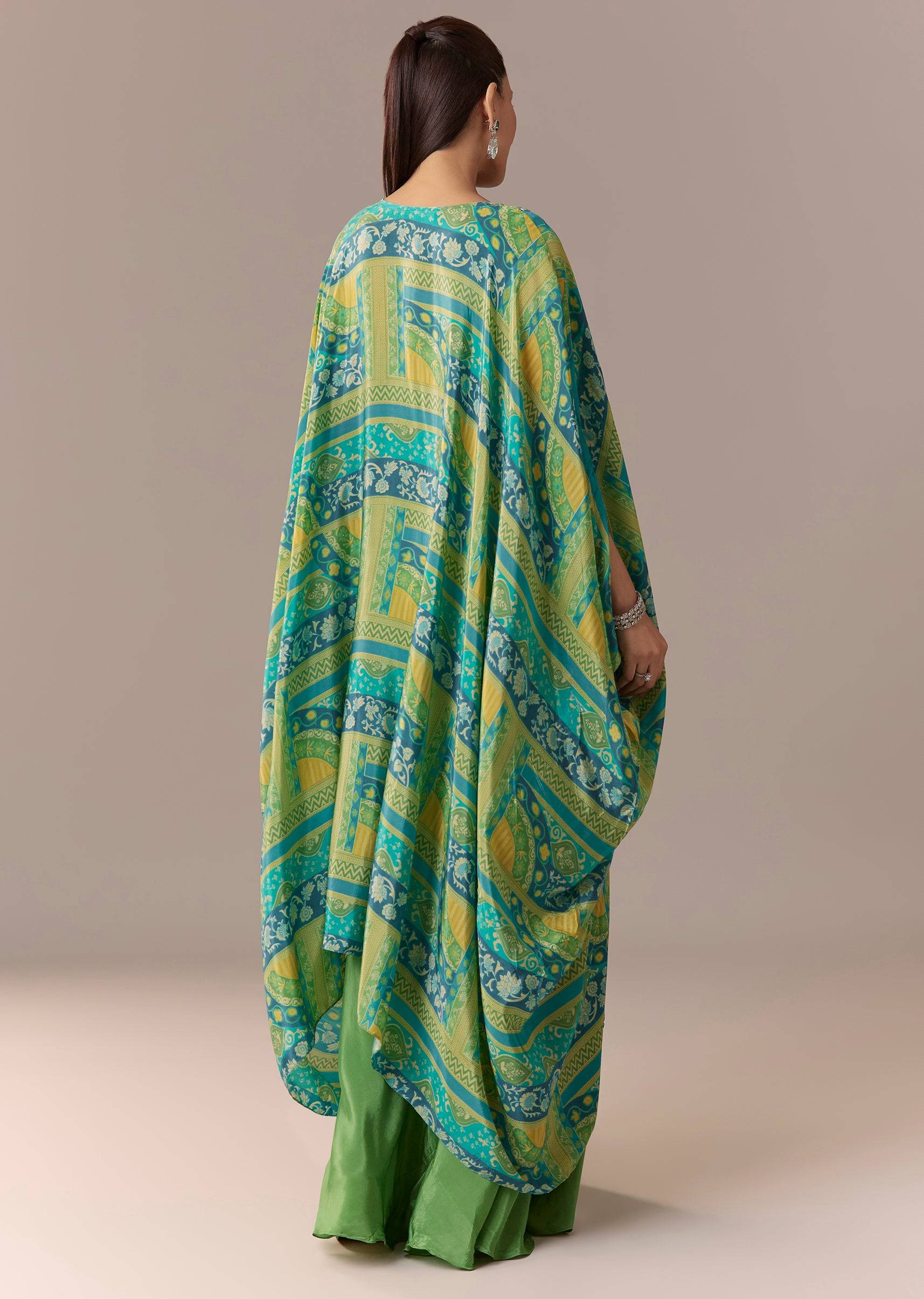 Green Crop Top Palazzo Set with Printed Cape