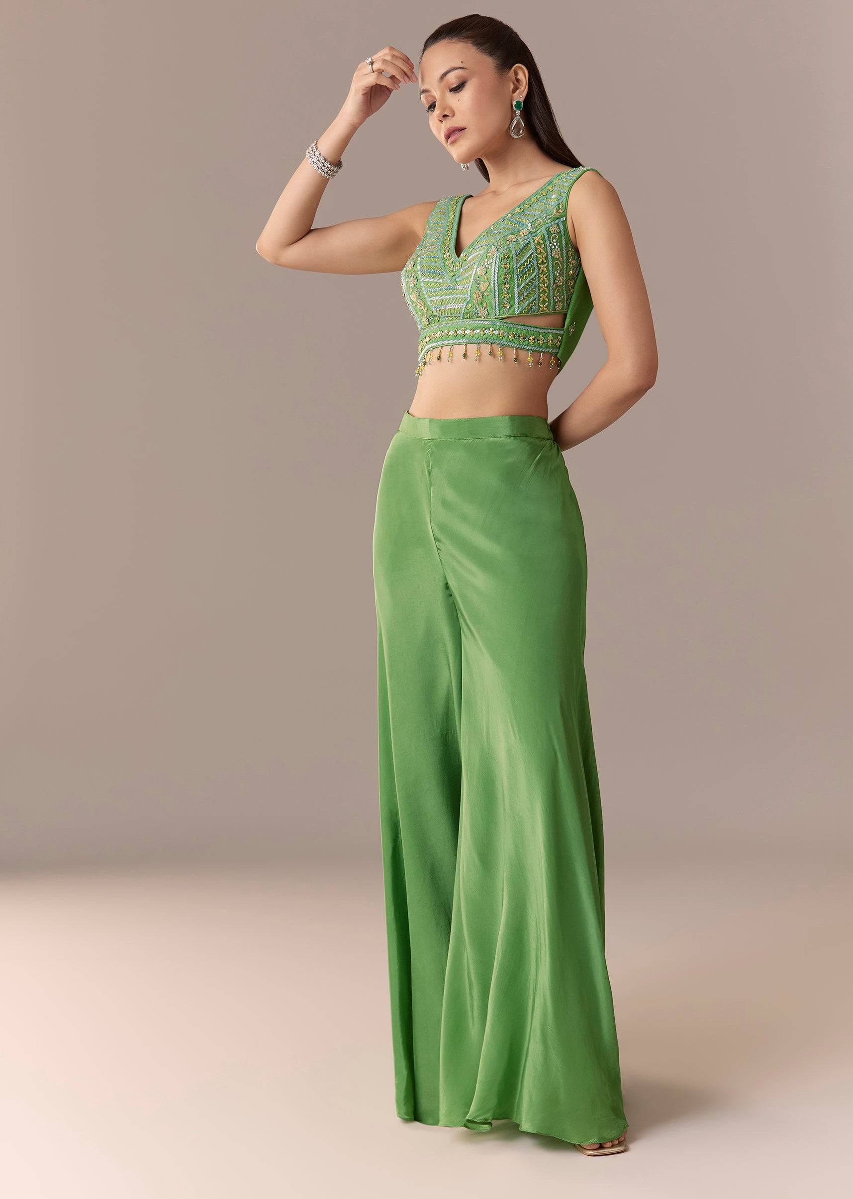 Green Crop Top Palazzo Set with Printed Cape
