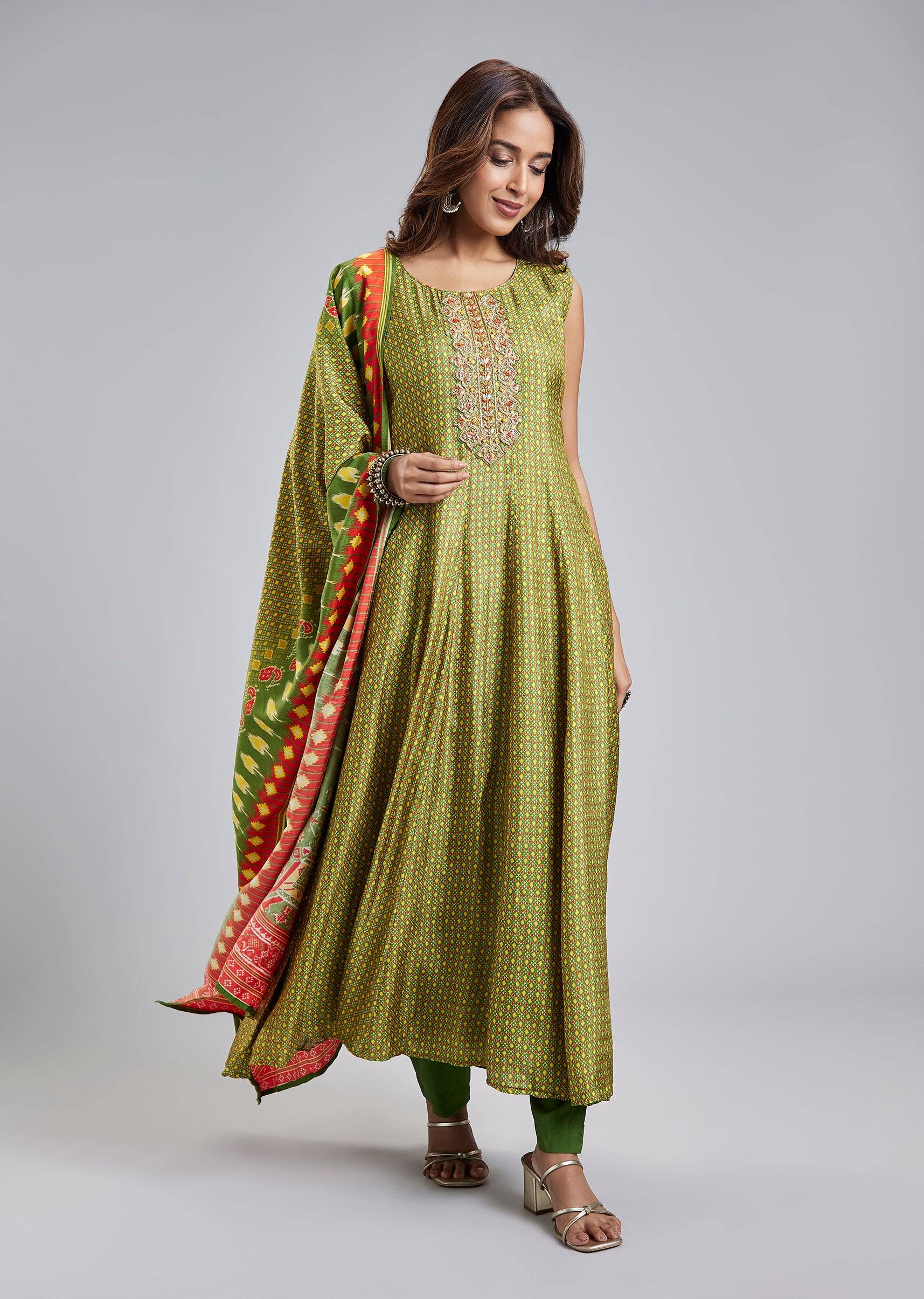 Green Patola Style Printed Anarkali Suit Set
