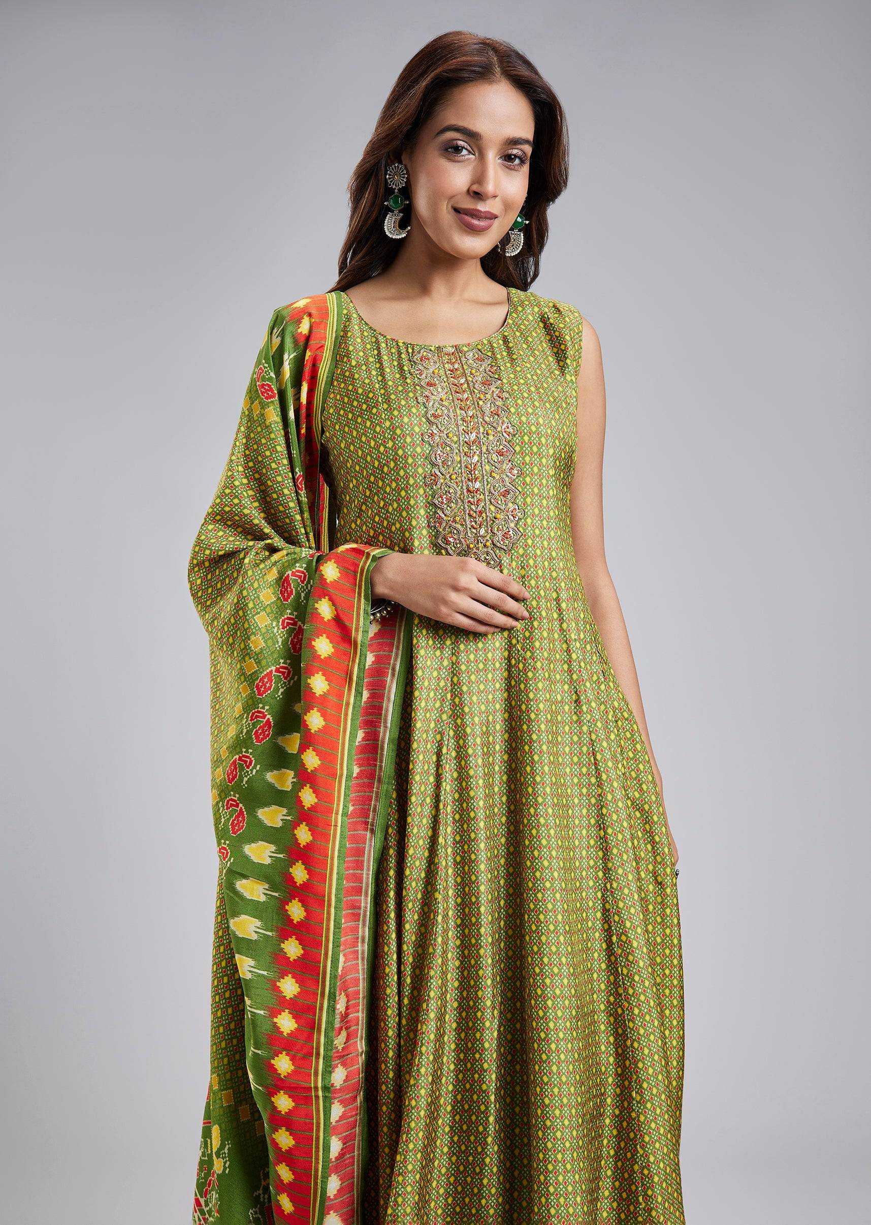 Green Patola Style Printed Anarkali Suit Set