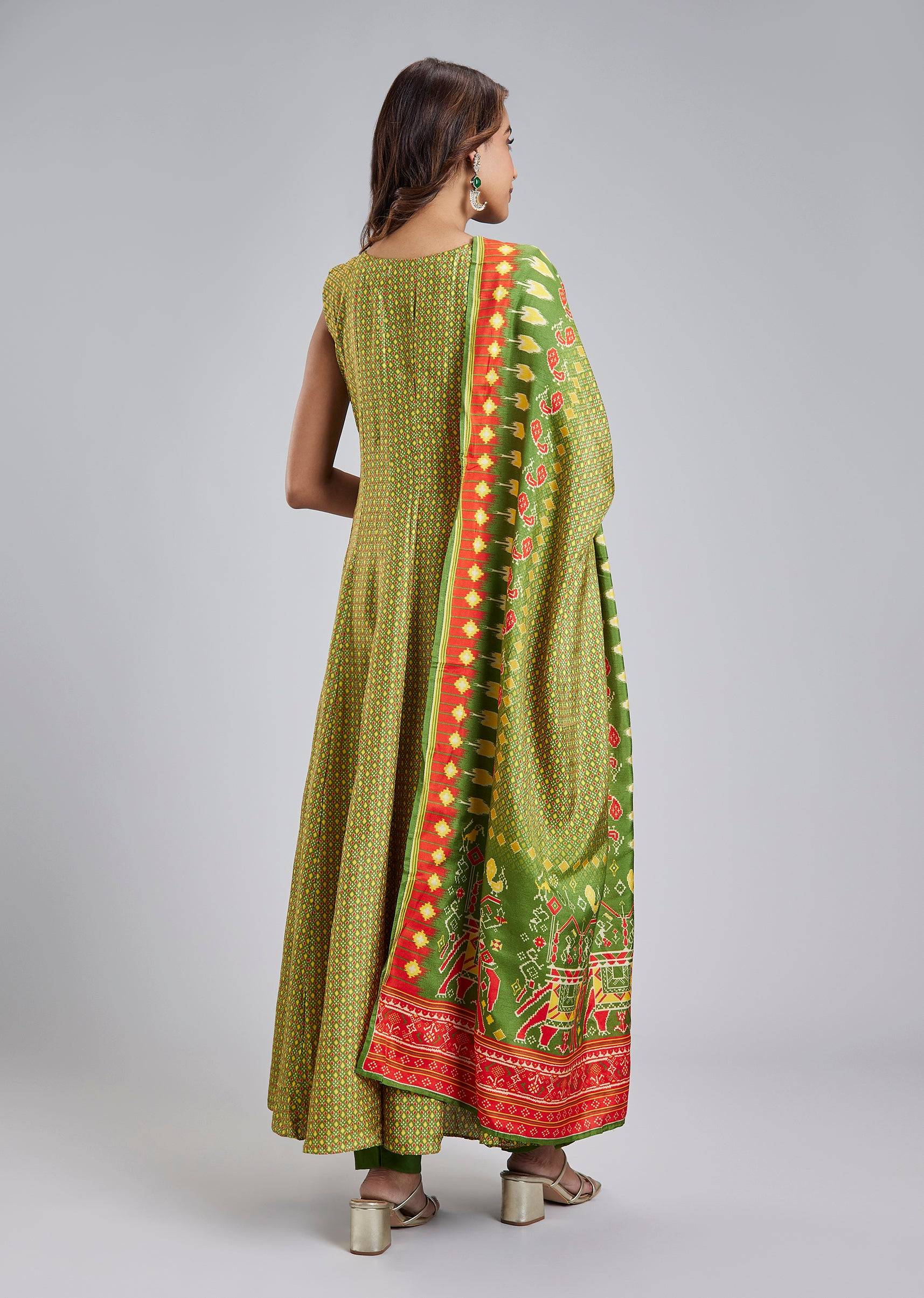 Green Patola Style Printed Anarkali Suit Set