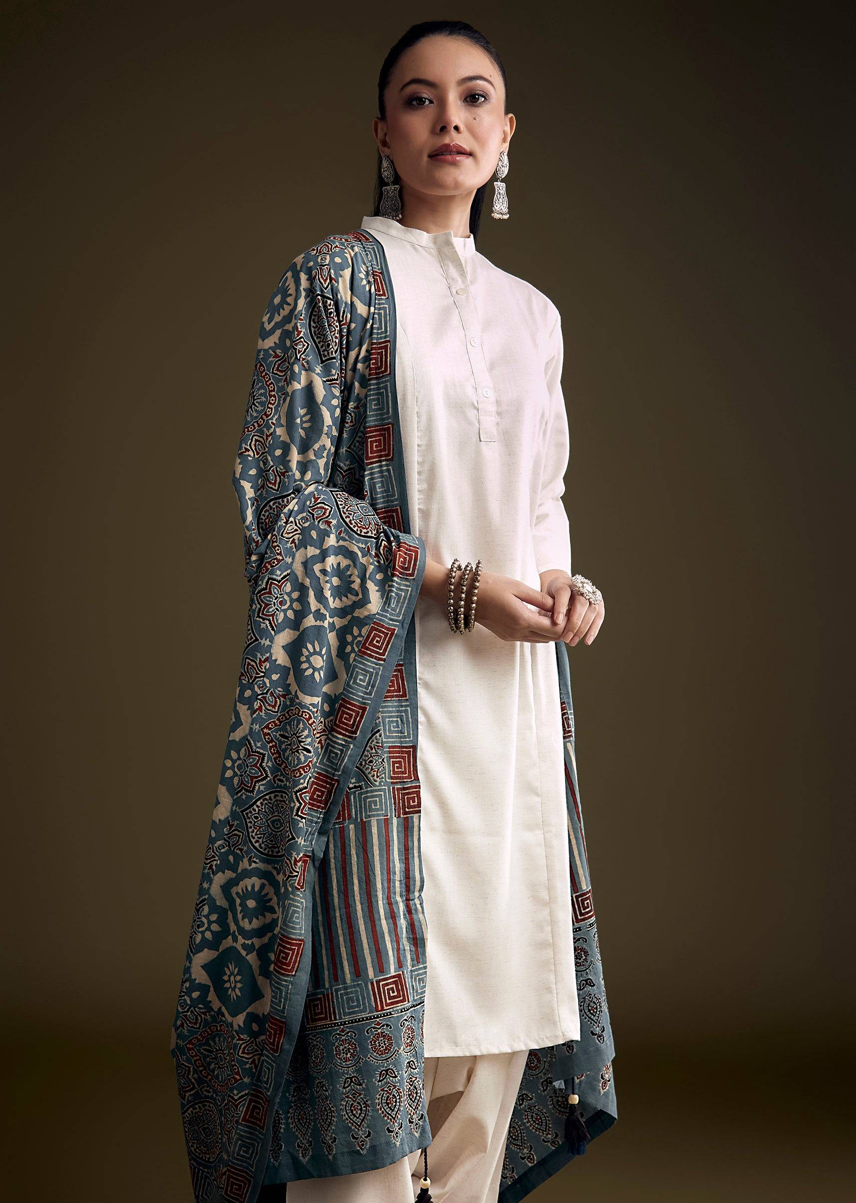 Off White Khadi Dhoti Suit With Blue Hand Dyed Ajrakh Dupatta