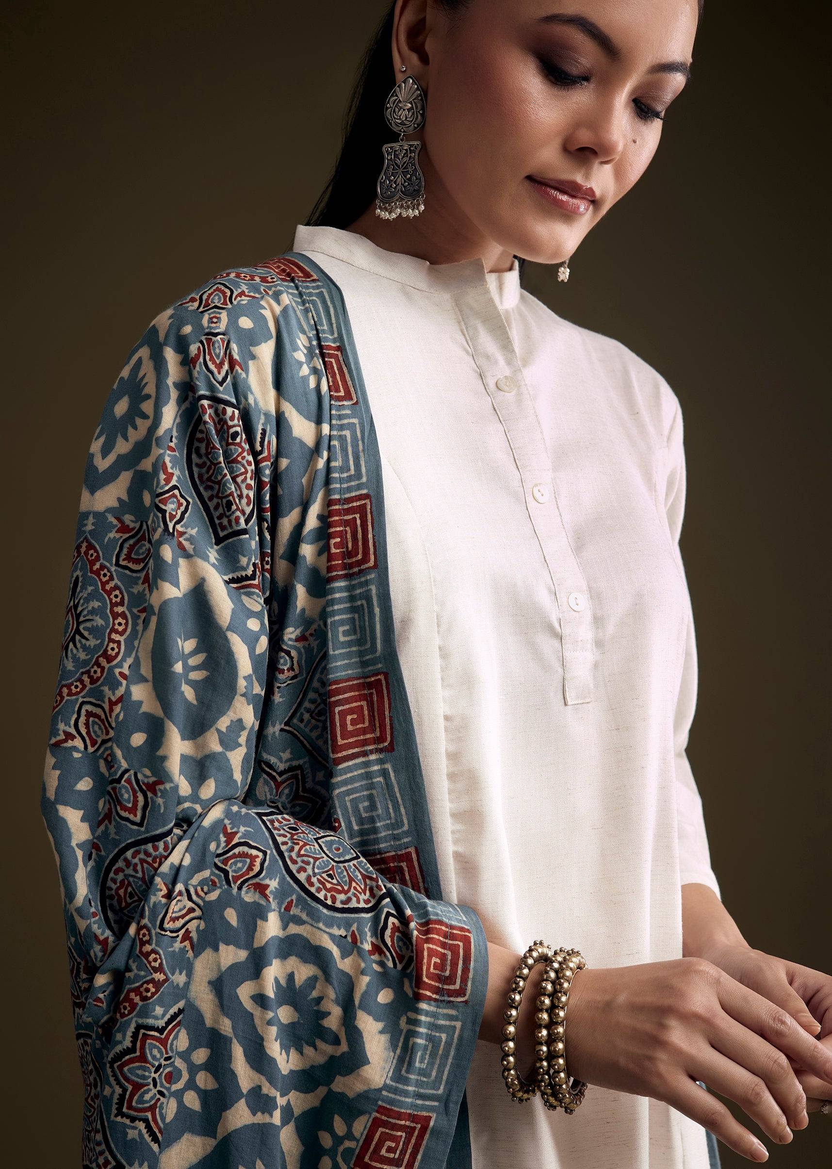 Off White Khadi Dhoti Suit With Blue Hand Dyed Ajrakh Dupatta