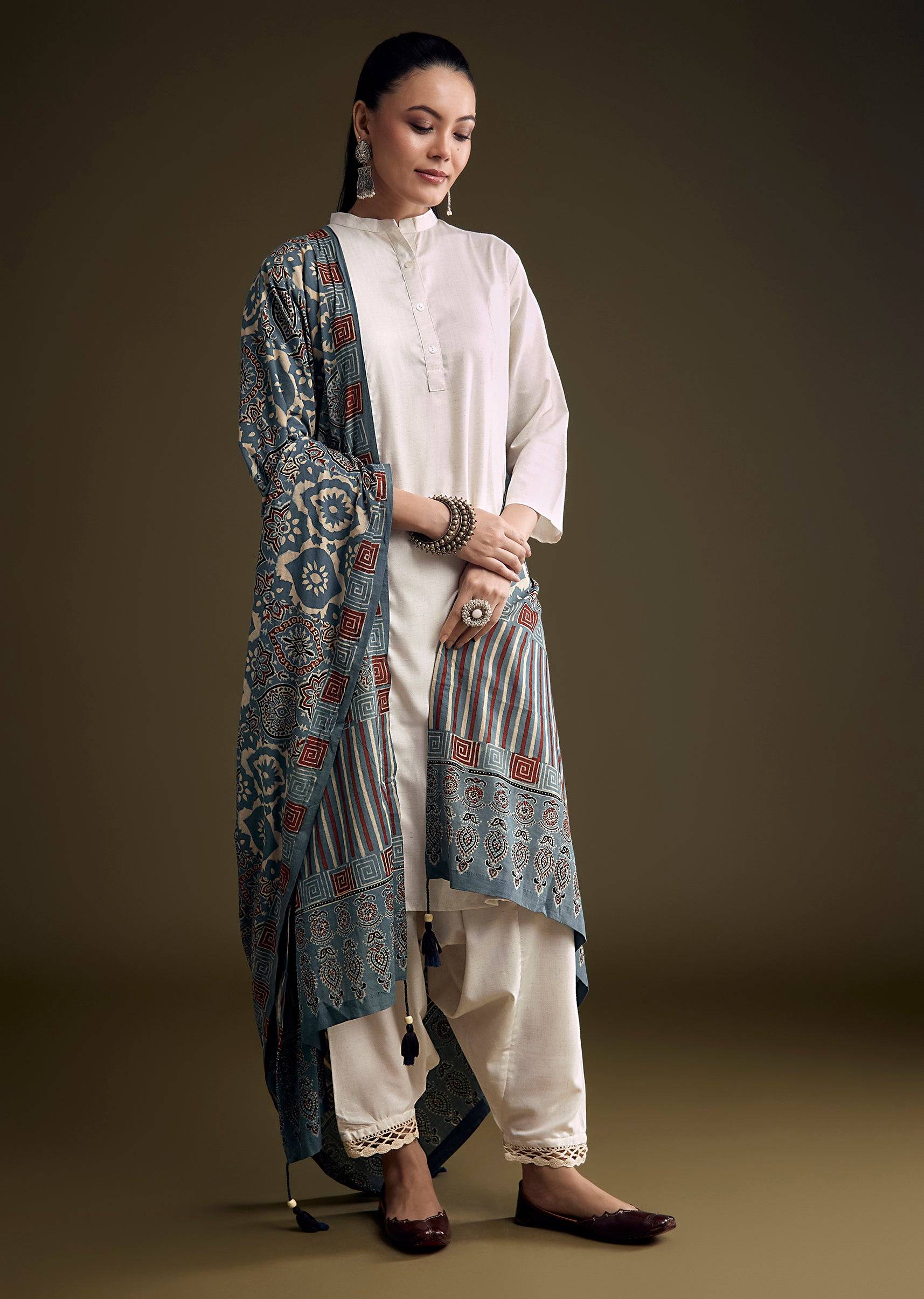 Off White Khadi Dhoti Suit With Blue Hand Dyed Ajrakh Dupatta