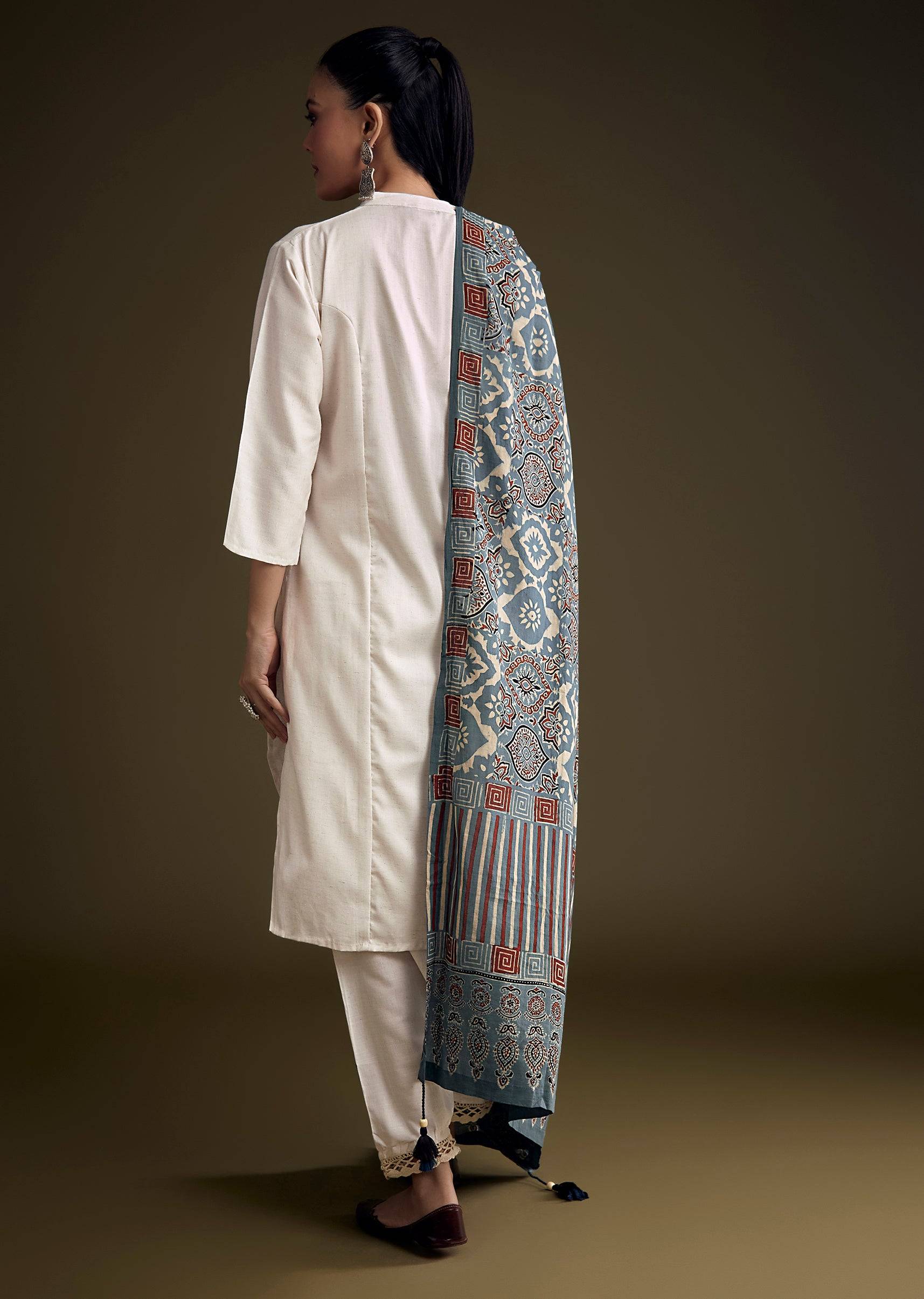 Off White Khadi Dhoti Suit With Blue Hand Dyed Ajrakh Dupatta