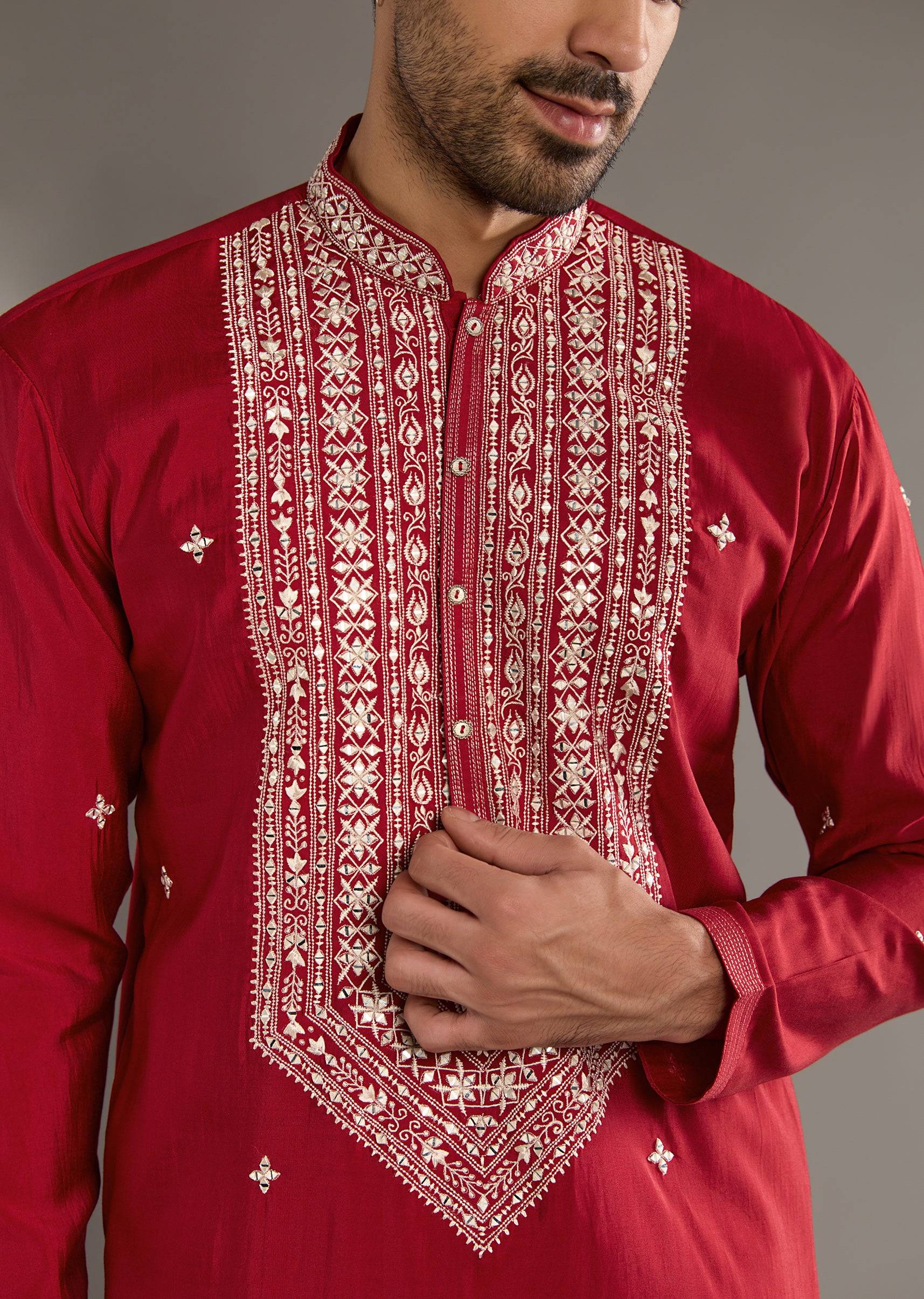 Red Silk Kurta Set For Men With Mirror And Thread Work