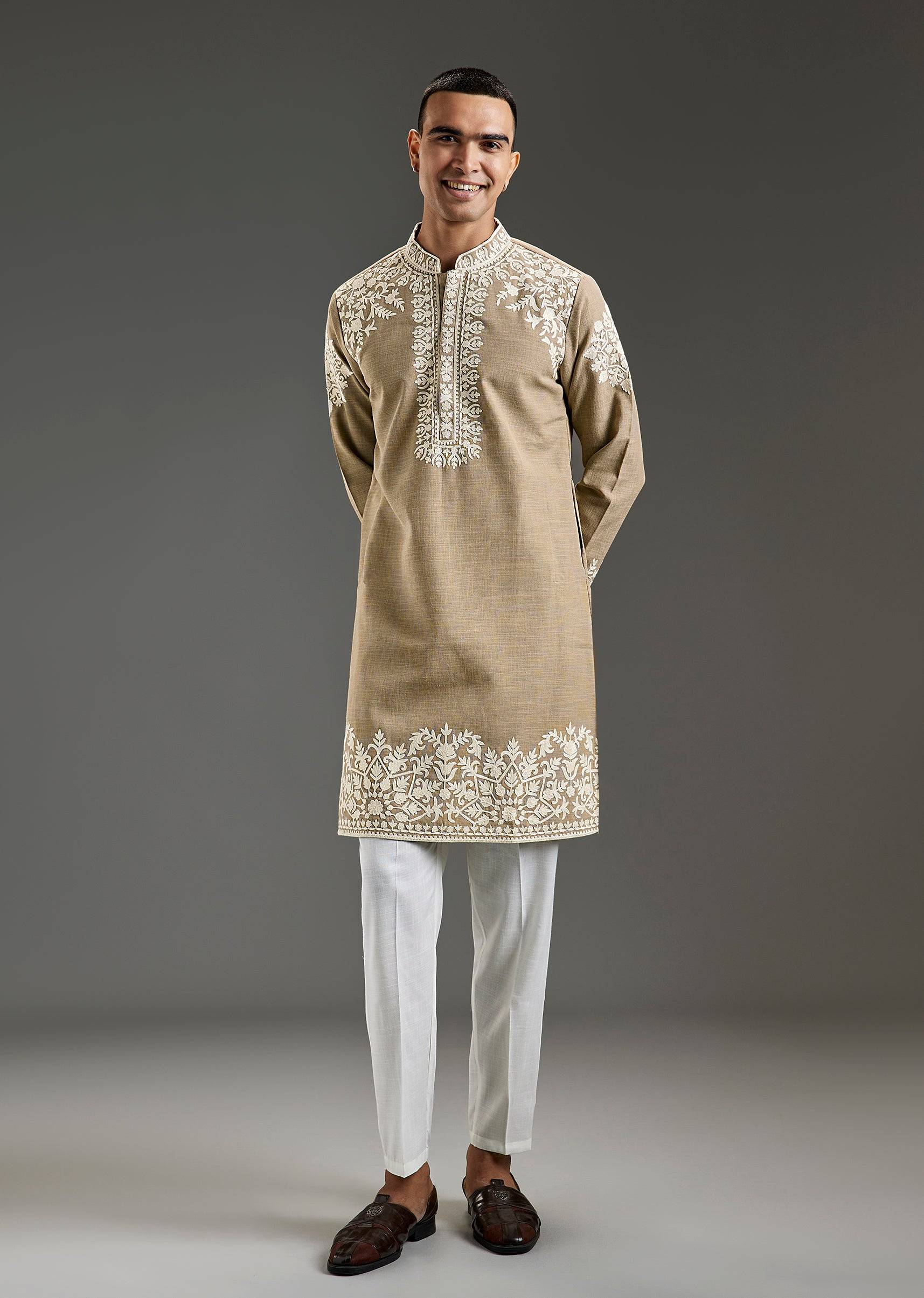 Brown Cotton Viscose Thread Embroidered Kurta Set