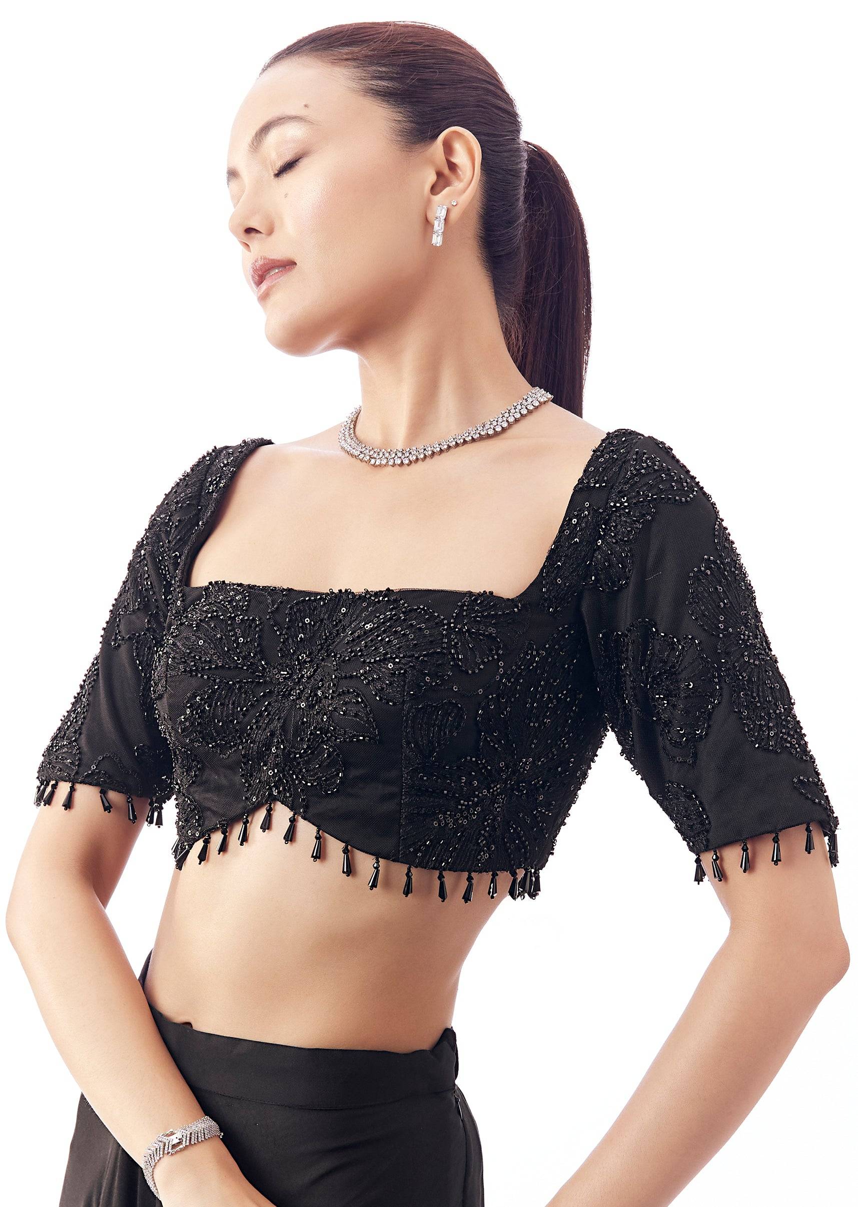 Black Square Neck Half Sleeve Fancy Neck Blouse