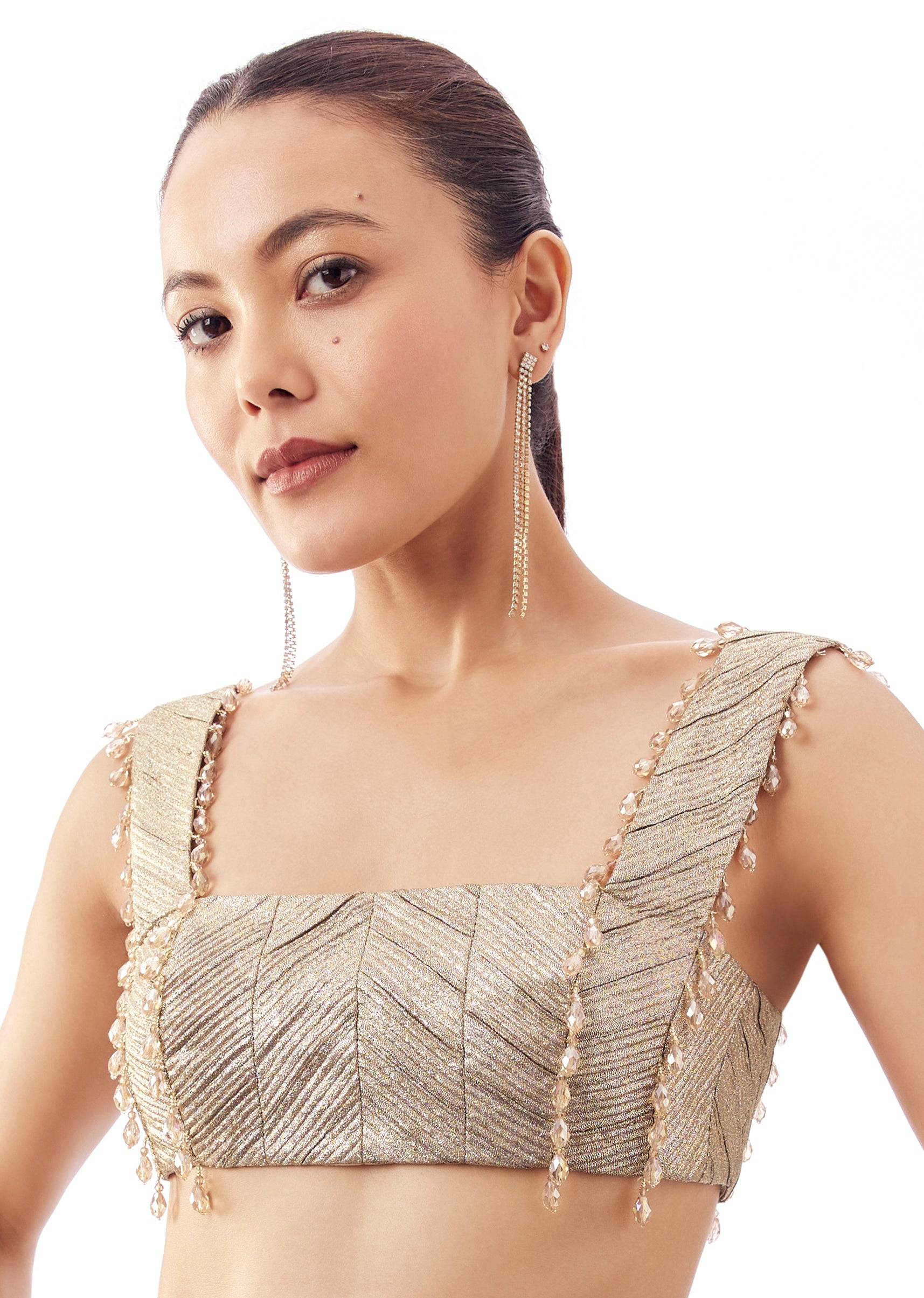 Gold Square Neck Crushed Blouse With Shoulder Patti