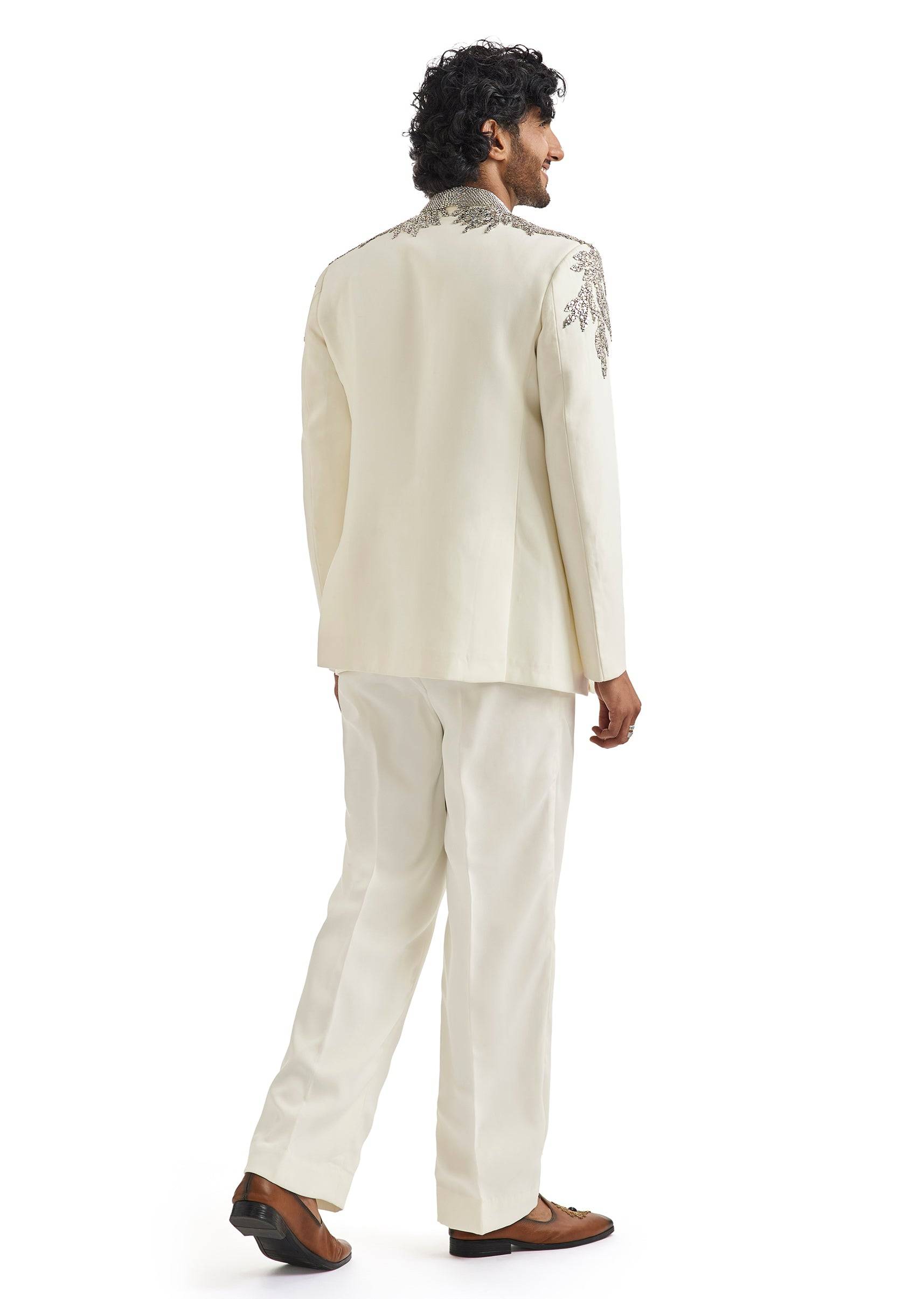 Ivory Tuxedo Set With Metallic Embroidered Blazer