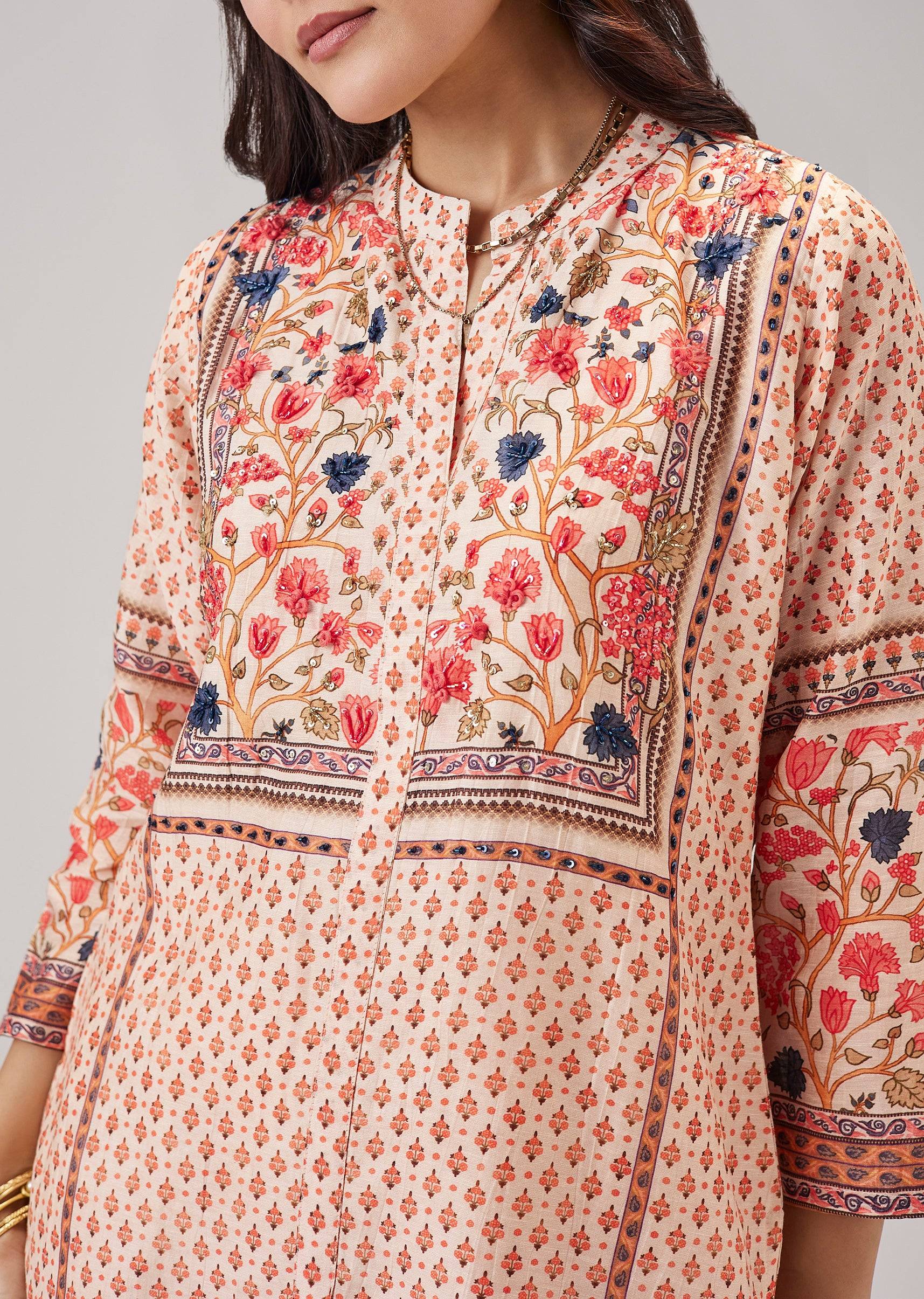 Peach Floral Co-ord Set With Cut Dana And Sequins Work