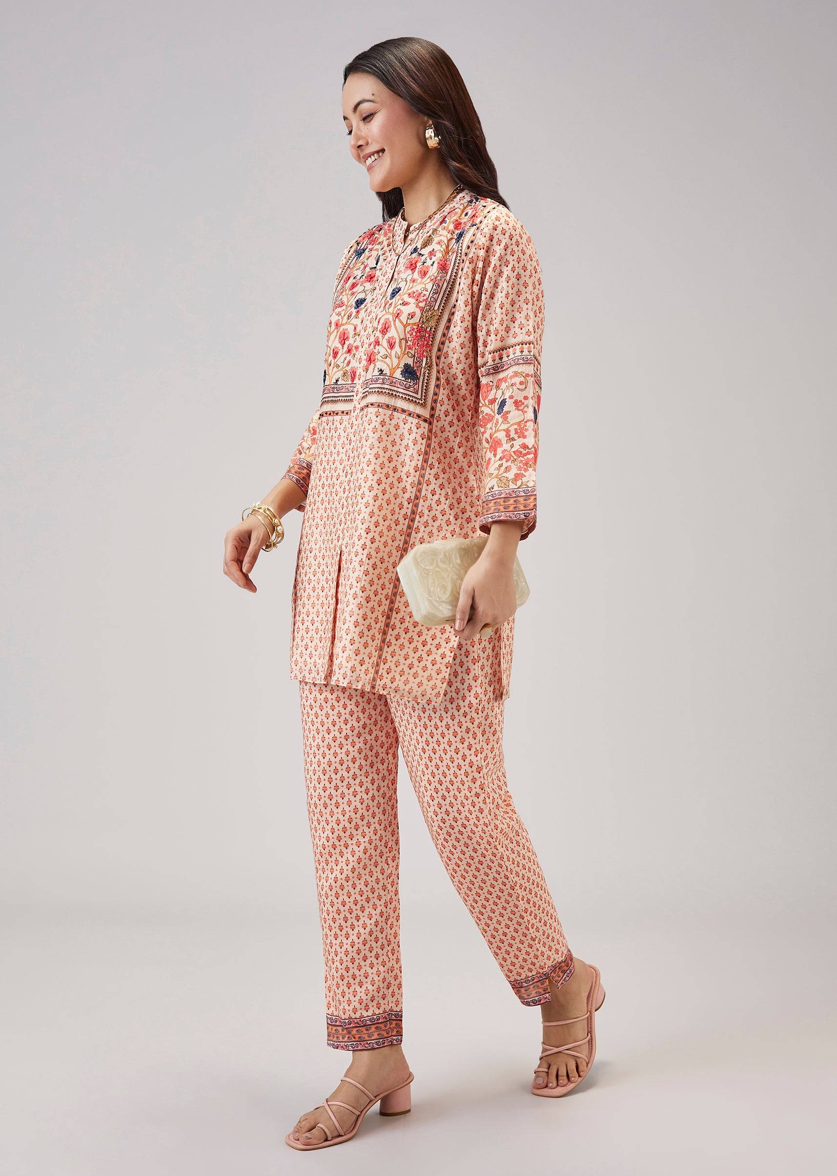 Peach Floral Co-ord Set With Cut Dana And Sequins Work