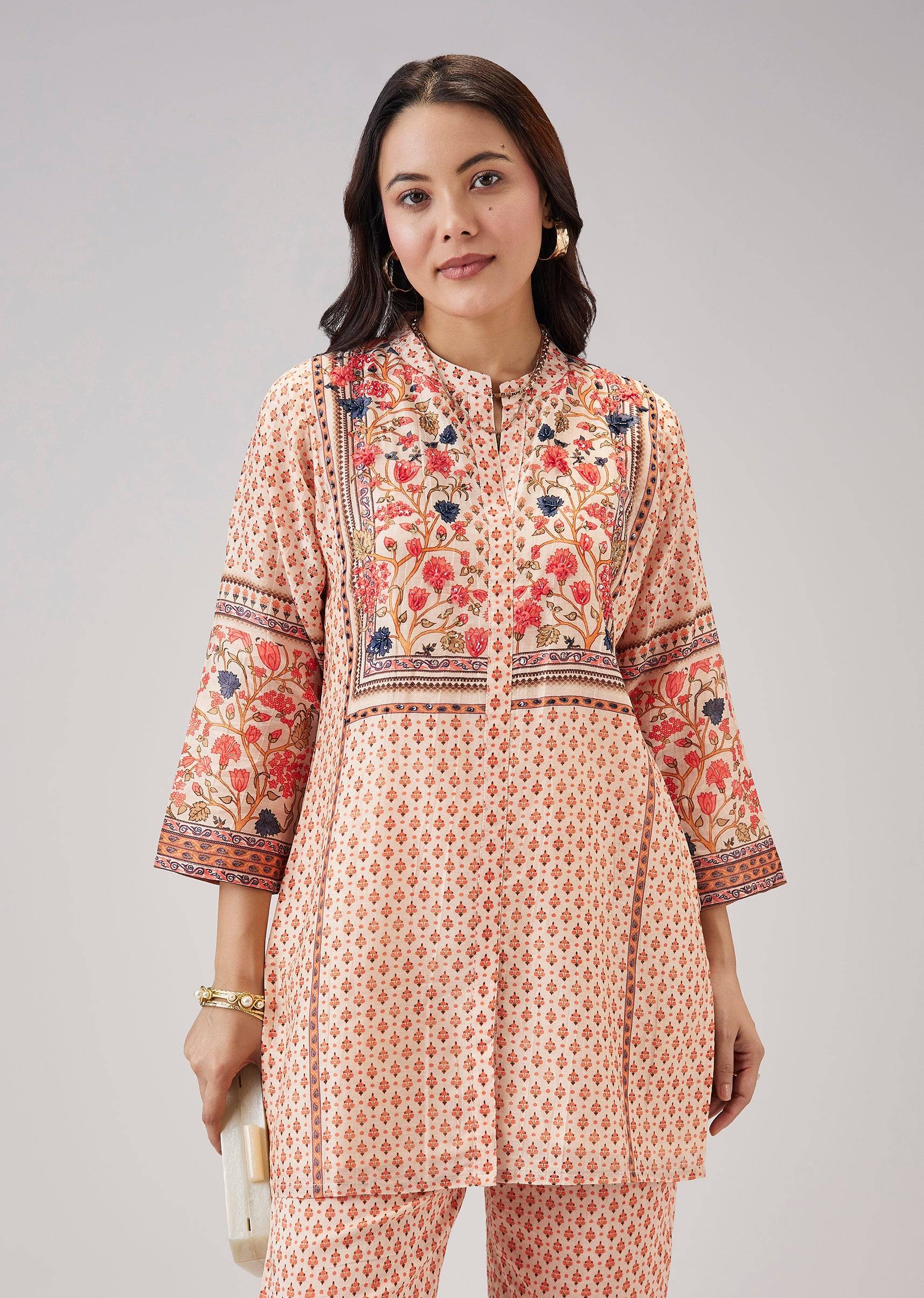 Peach Floral Co-ord Set With Cut Dana And Sequins Work