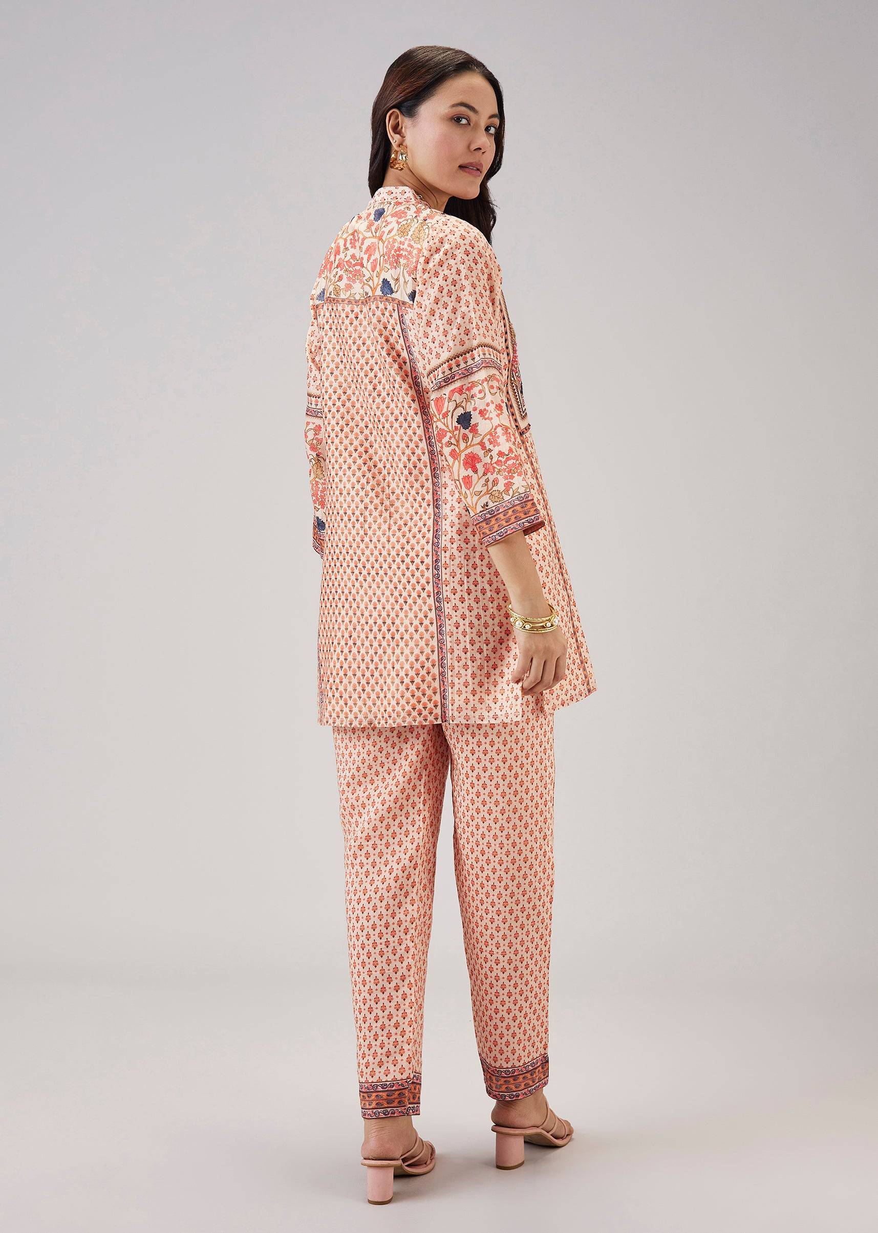 Peach Floral Co-ord Set With Cut Dana And Sequins Work
