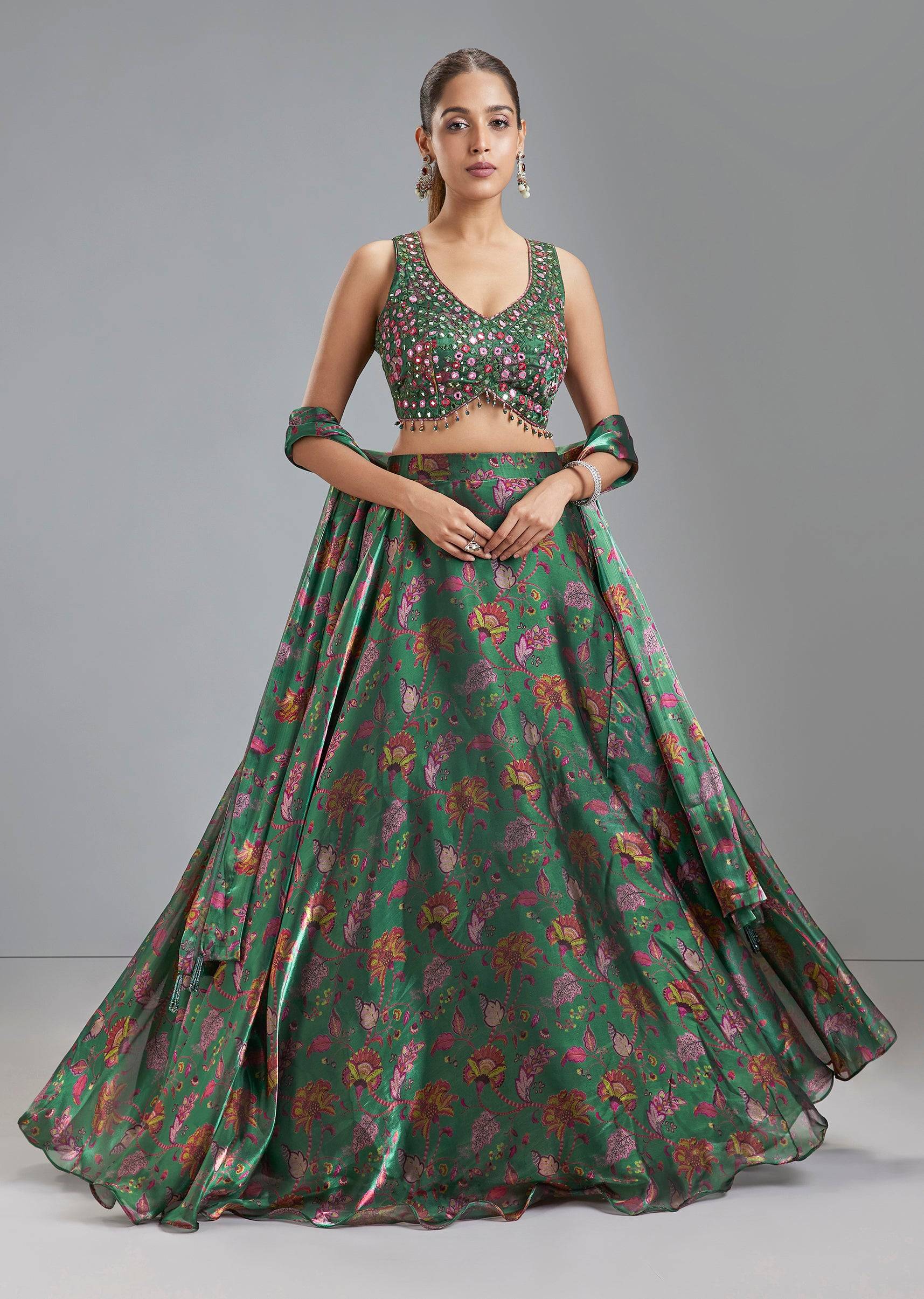 Green Organza Tissue Floral Lehenga With Mirror Work Choli