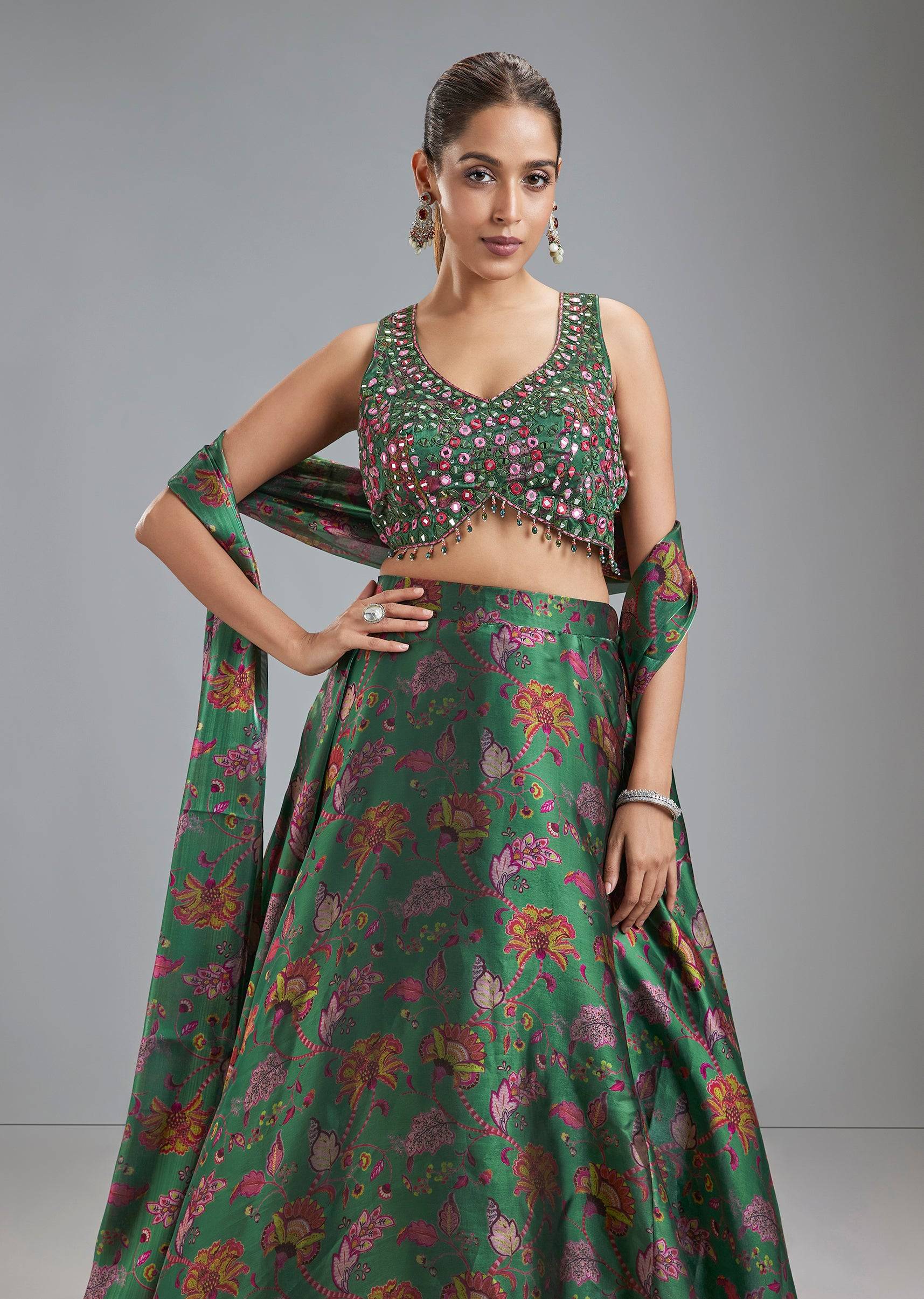 Green Organza Tissue Floral Lehenga With Mirror Work Choli