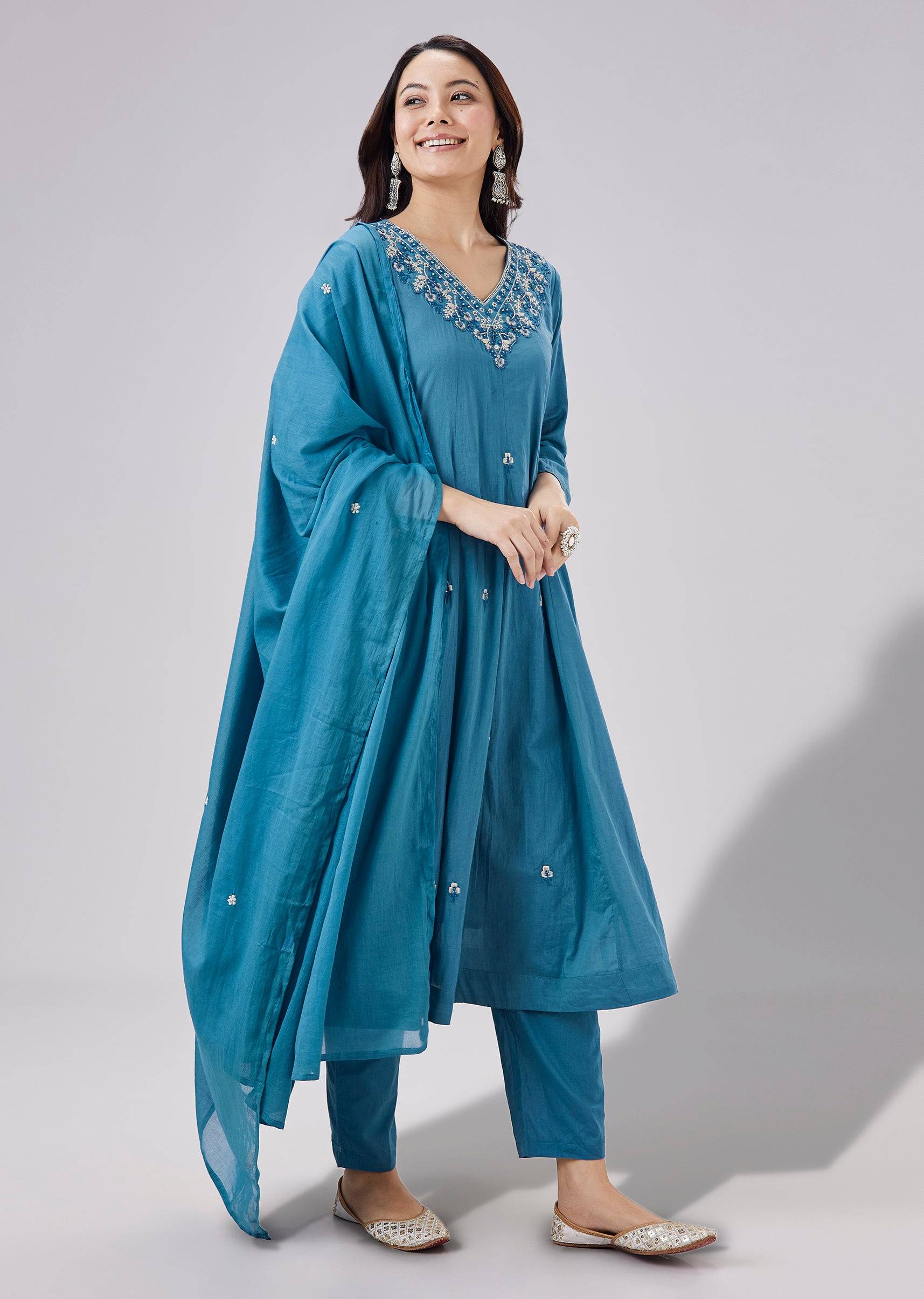 Blue Resham Embroidered Mulmul Anarkali Set With Dupatta