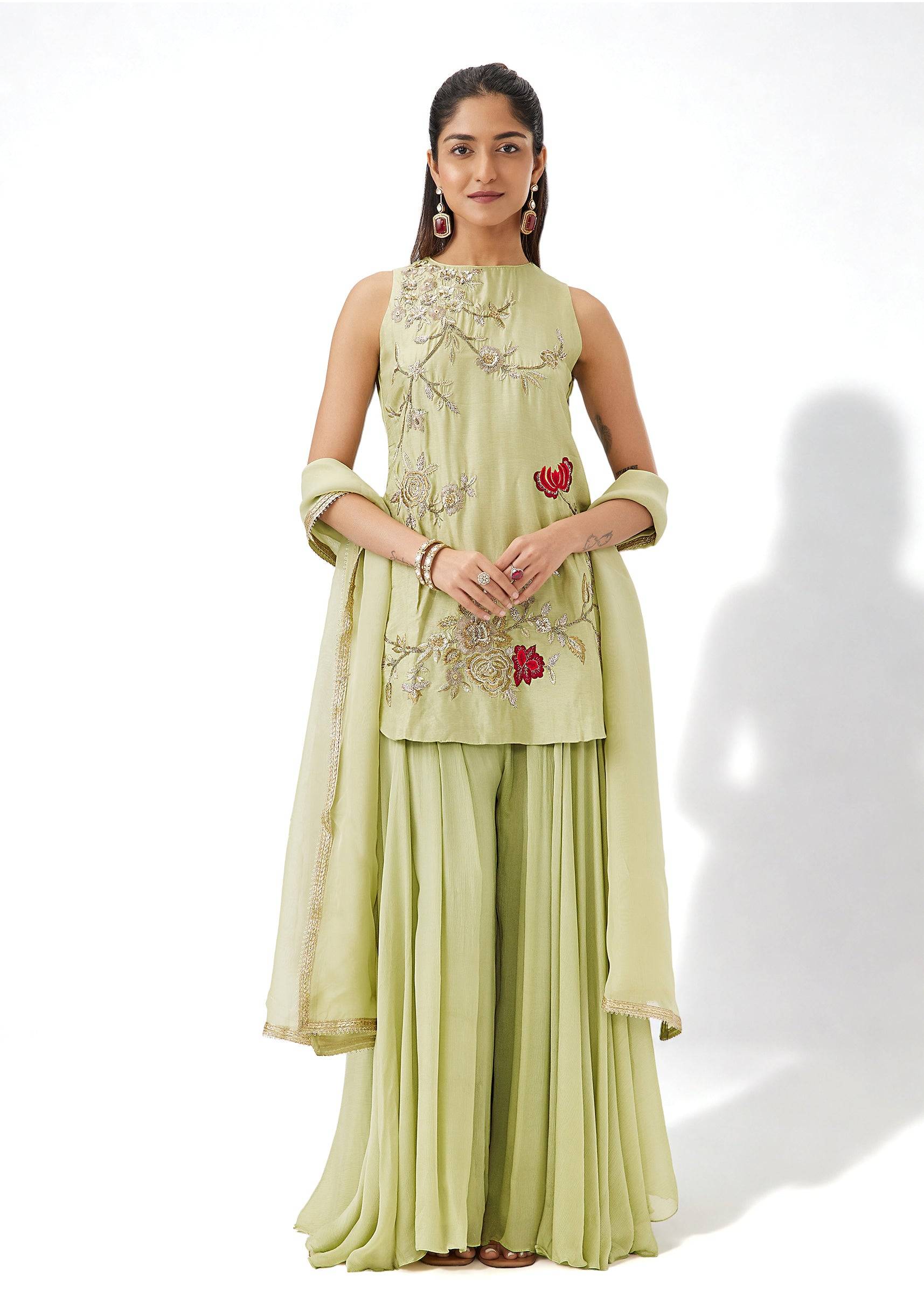 Green Russian Silk Palazzo Suit With Floral Zari And Thread Embroidery