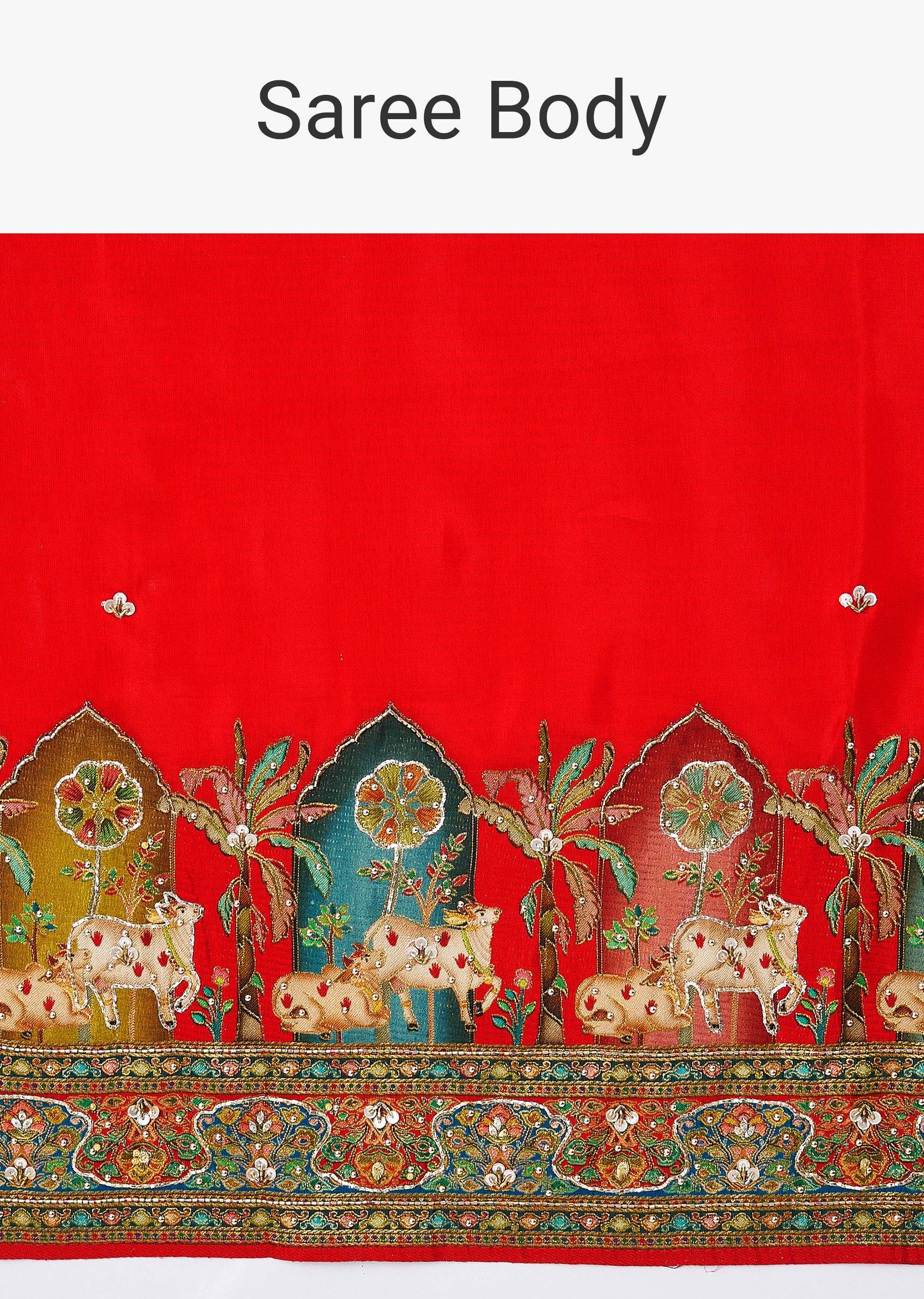 Red Dupion Silk Animal Motif Saree