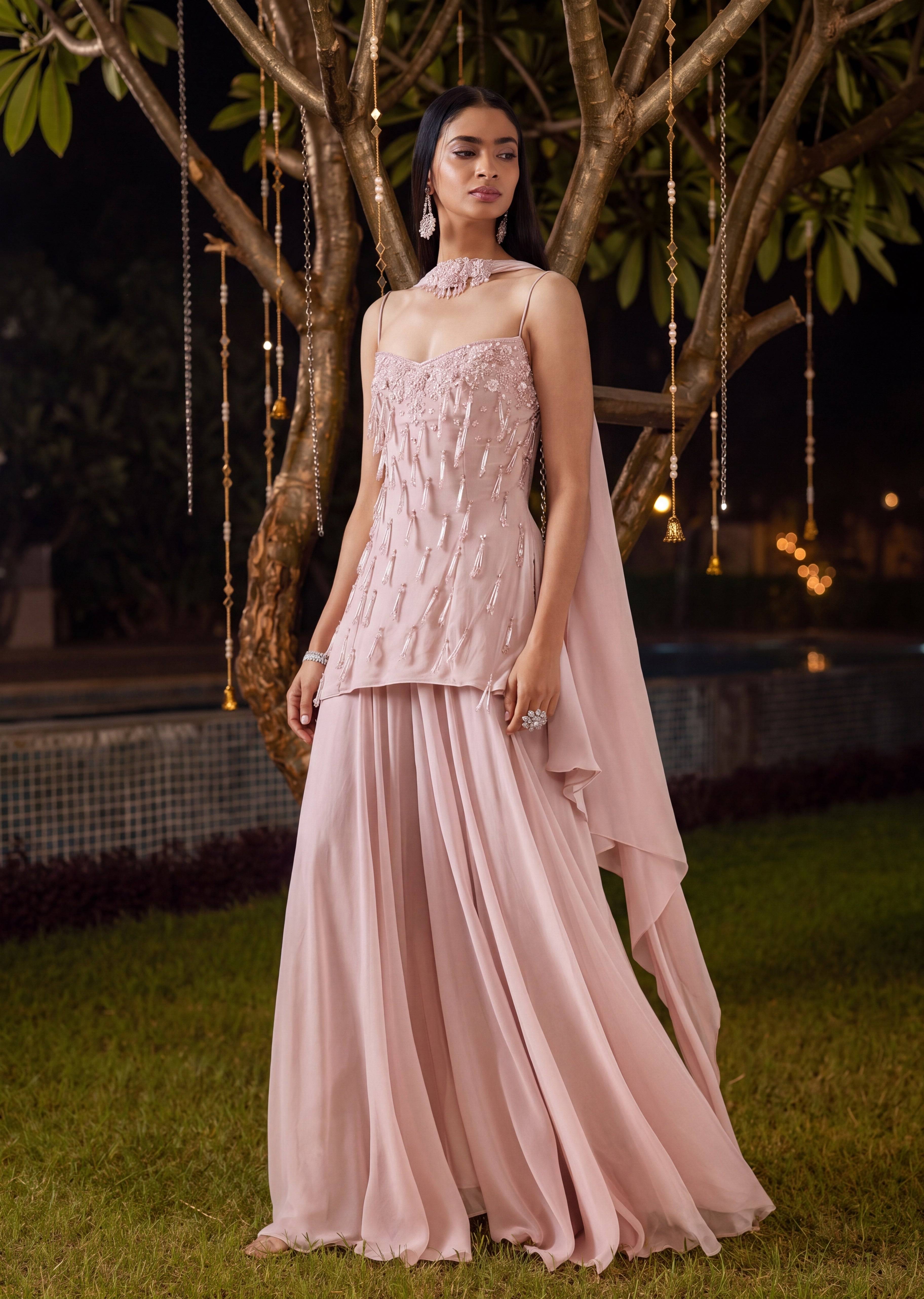 Pink Georgette Palazzo Suit Set With Fringe Detail