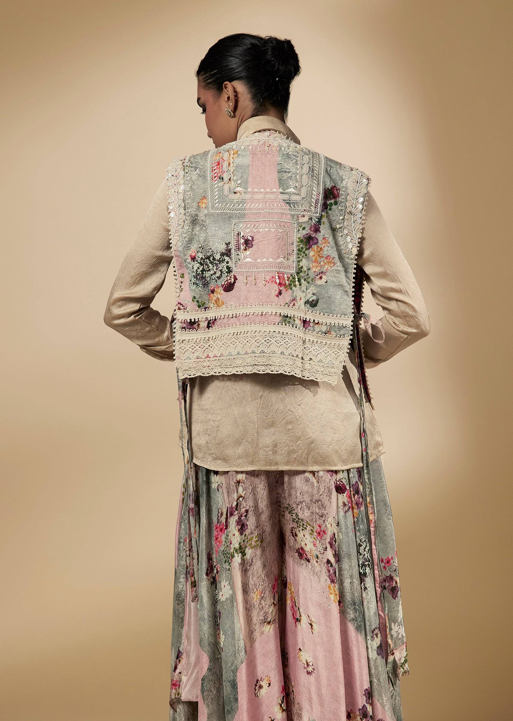 Beige Shirt With Floral Palazzo And Jacket Set