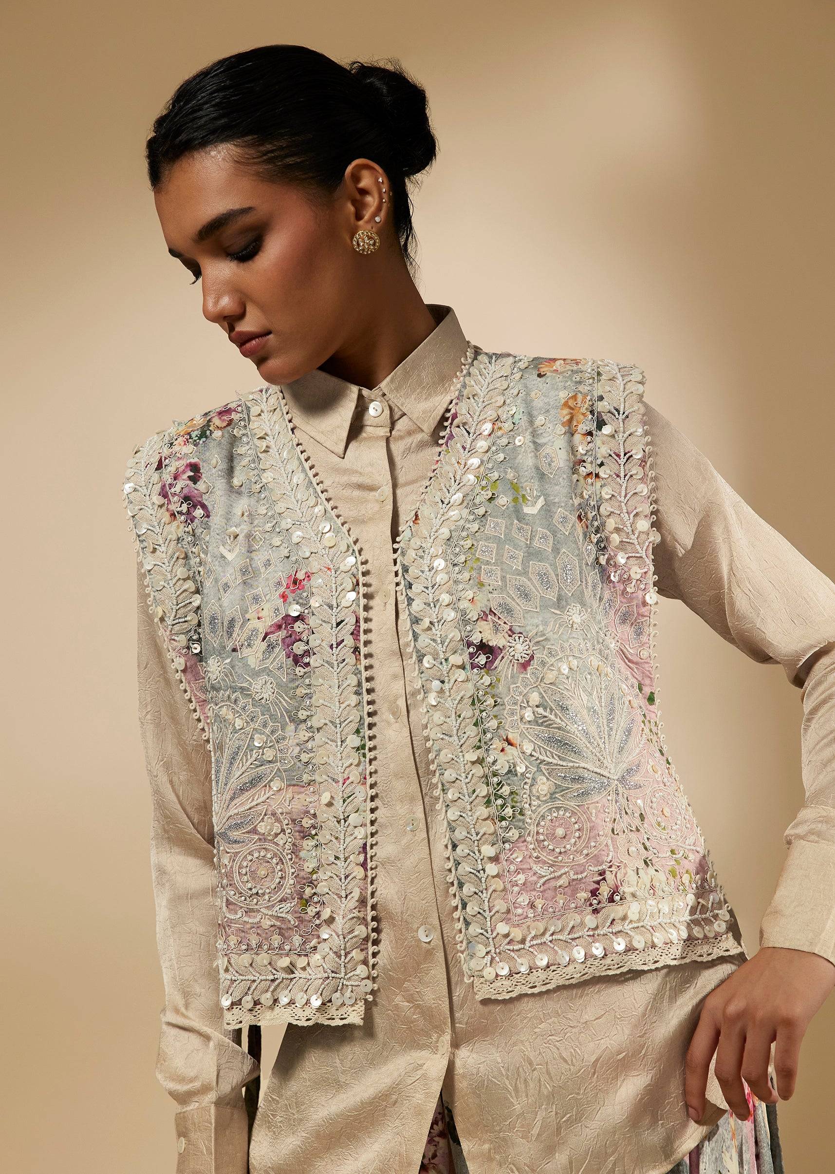 Beige Shirt With Floral Palazzo And Jacket Set