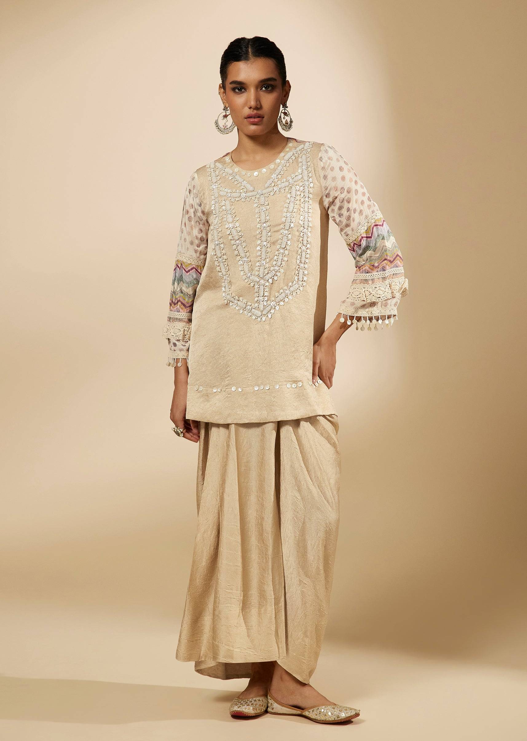 Beige Moti And Yoke Embroidered Kurti And Skirt Set