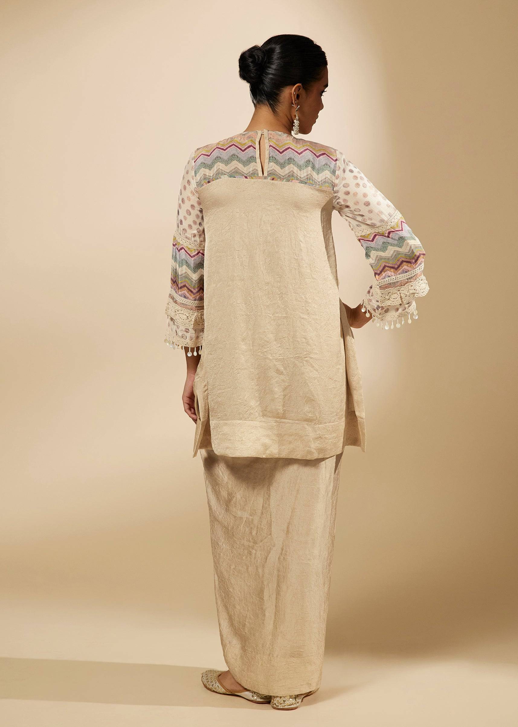 Beige Moti And Yoke Embroidered Kurti And Skirt Set