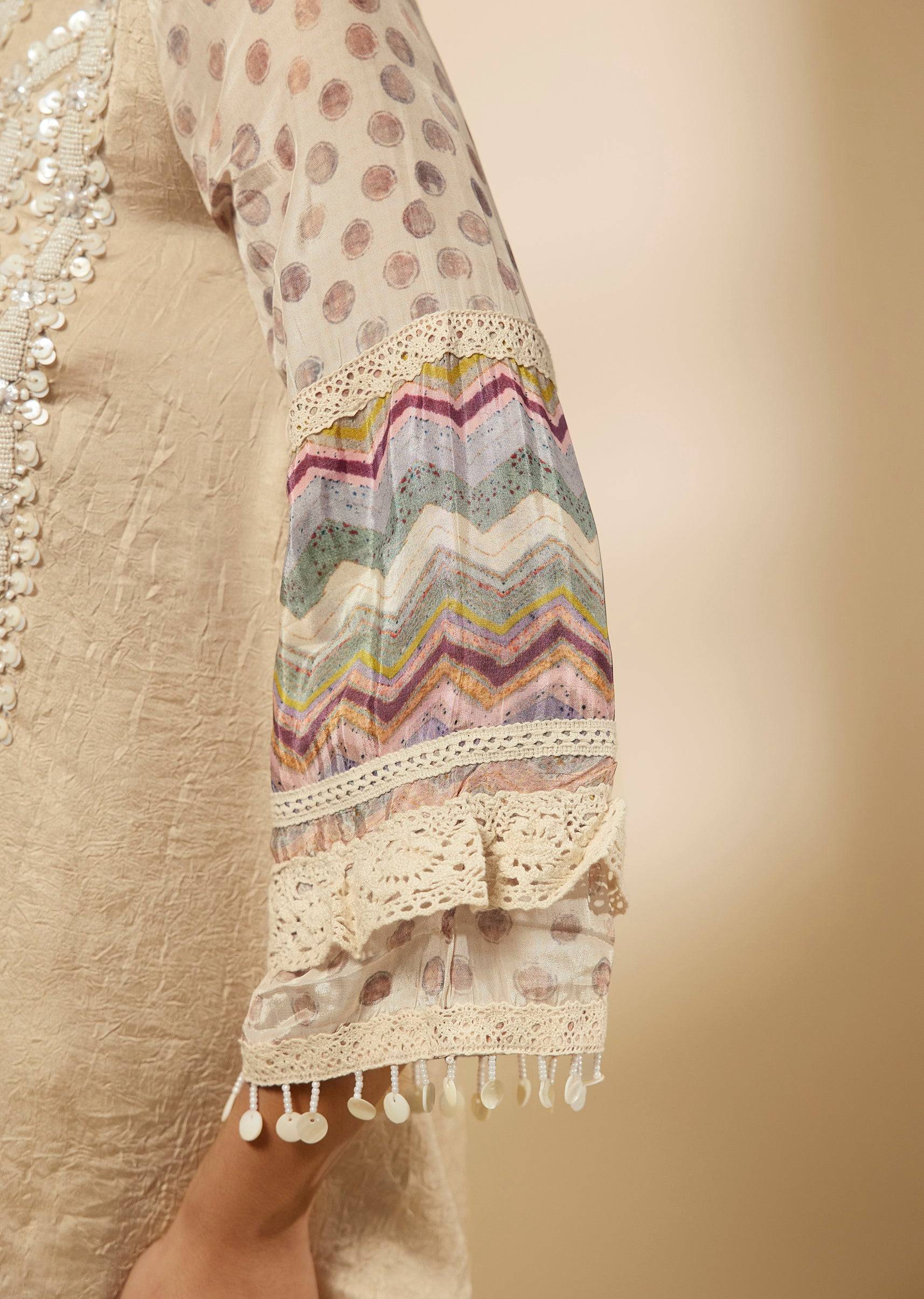 Beige Moti And Yoke Embroidered Kurti And Skirt Set