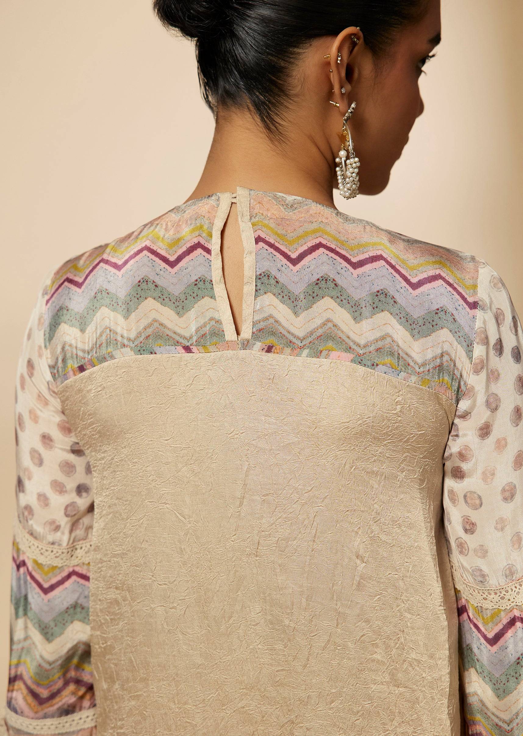 Beige Moti And Yoke Embroidered Kurti And Skirt Set