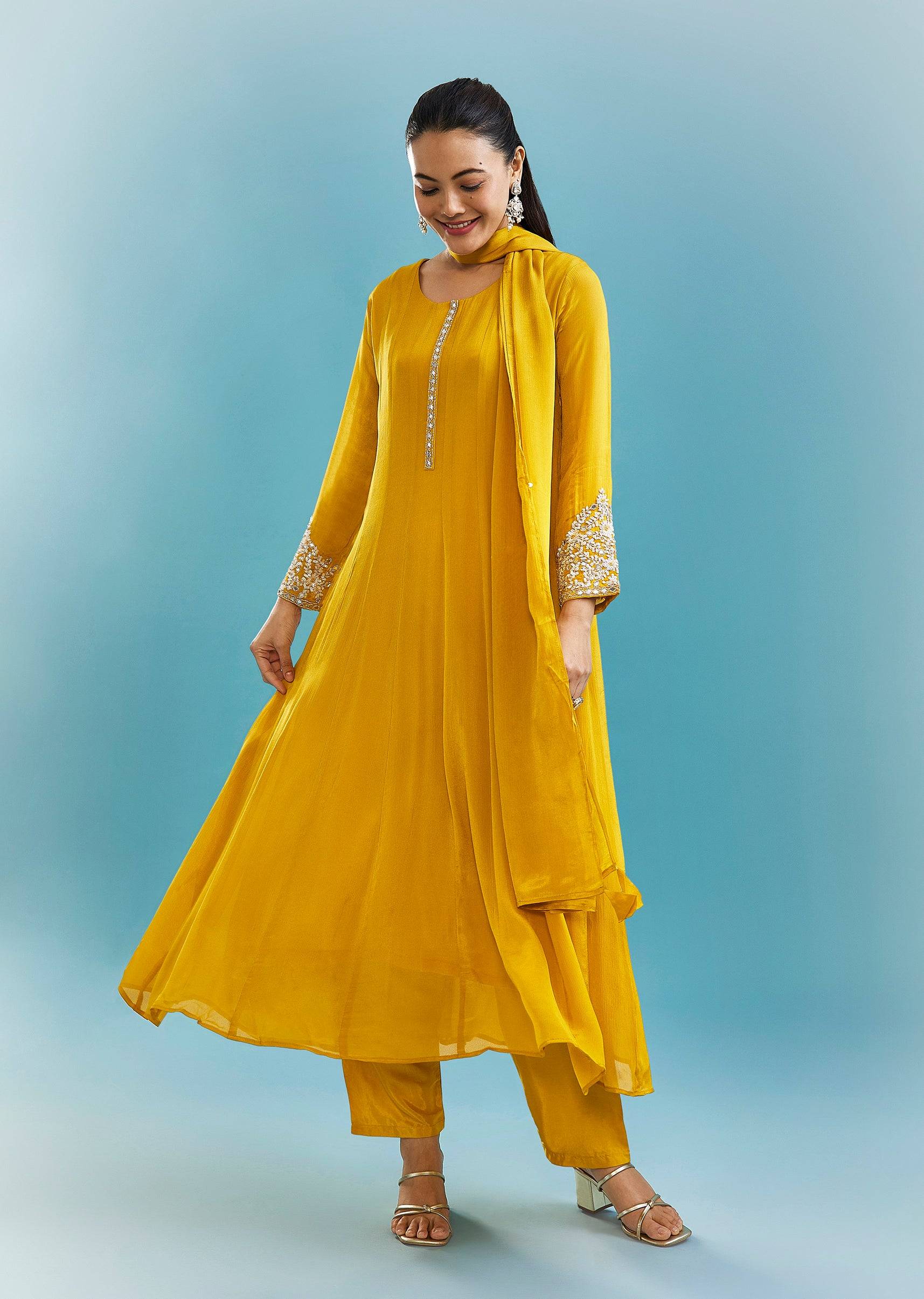 Yellow A Line Anarkali Set With Mirror And Beads Work