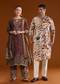 Heritage Maroon Elegance Couple Set – Maroon Printed Zari Kurta Set with Pant and Dupatta for Her And Cream Embroidered Rawsilk Kurta Set for Him