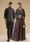 Indigo Noir Festive Couple Set – Indigo Printed Crop Top & Skirt Set for Her And Black Embroidered Silk Kurta Jacket Set for Him