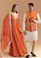 Vibrant Celebration Couple Set – Orange Chinon Hand-Embroidered Anarkali for Her And Orange Silk Kurta Jacket Set with Zardosi Work for Him